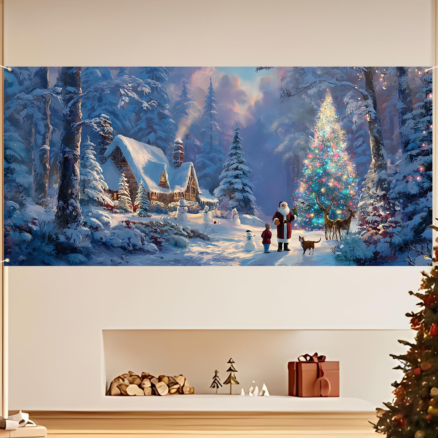ANNA QUEEN Merry Christmas Decorations Garage Door Banner 6 x 13FT,Winter Snowman Santa Claus Backdrop 71"x157" Door Cover Xmas Decoration for Party (Christmas Snow Scene)