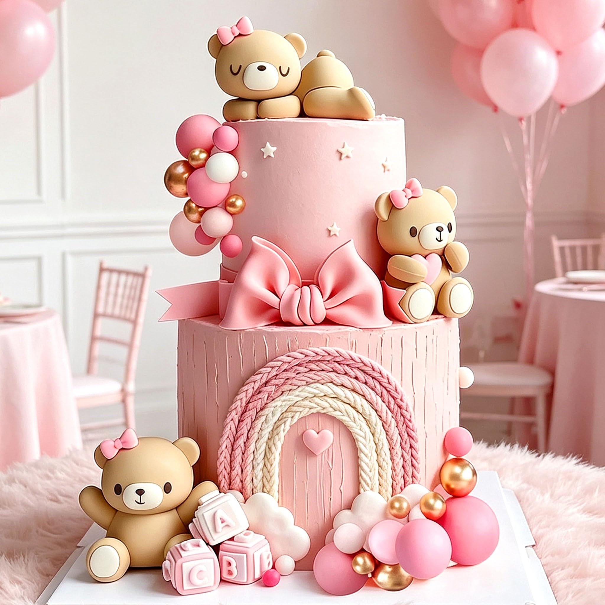 LaVenty Luxury Big Teddy Bear Cake Toppers Baby Girl Cake Decorations