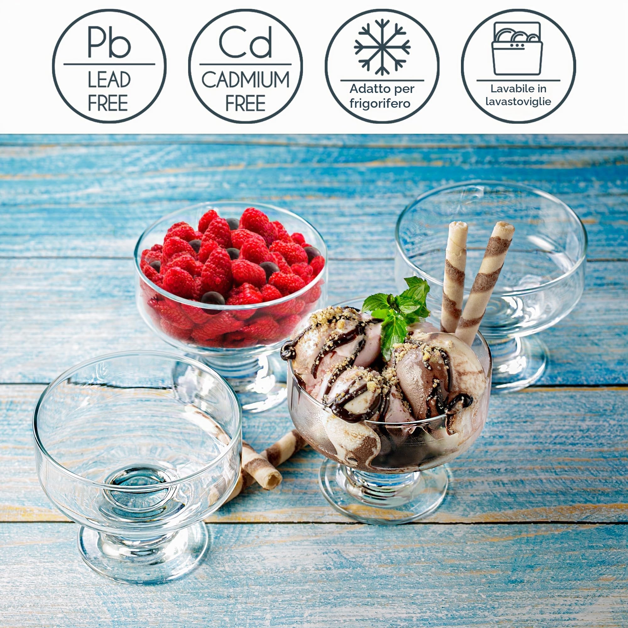 CRYSTALIA Premium Coppette Gelato Vetro 265ml Set 4 Coppa Dessert Vetro, Ciotele per Budini e Snack