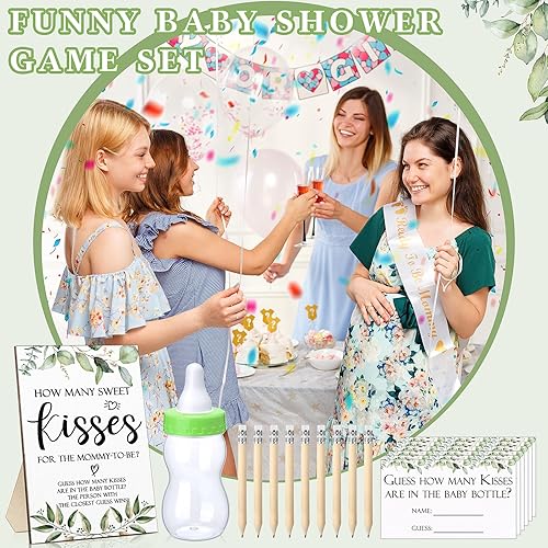 Miniatura 6 de Colarr 122 piezas de juego de baby shower de Adivina cuántos besos incluye cuántos dulces besos signo, 100 tarjetas de adivinanzas, 20 lápices