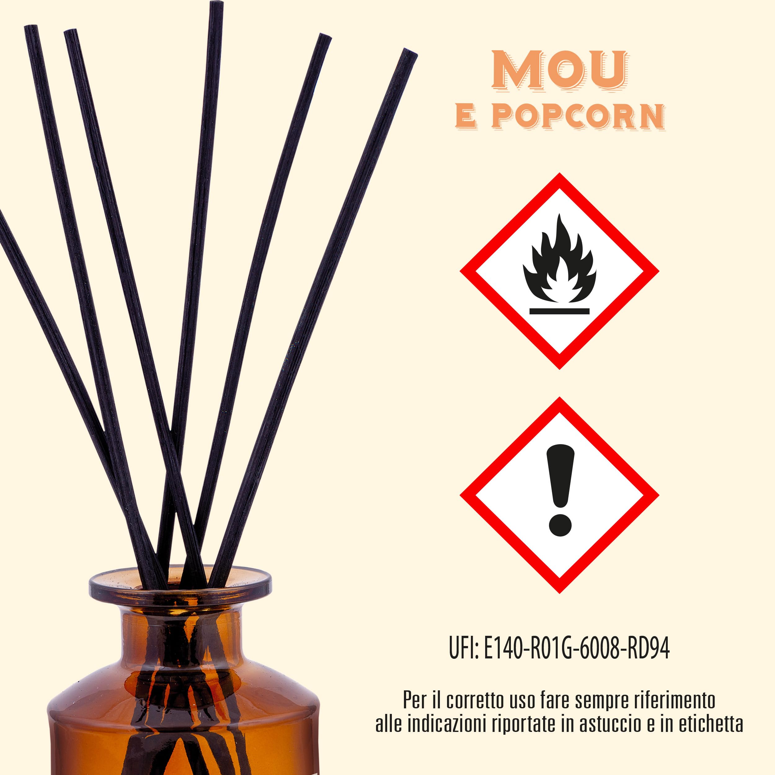 Helan Mou e Popcorn - Profumatore per Ambienti, Profumo Ambiente con Bastoncini per Diffusori con Latte Condensato, Mandorla, Pesca, Idee Regalo Deodorante e Profumatori Ambiente 100 ml, Made in Italy