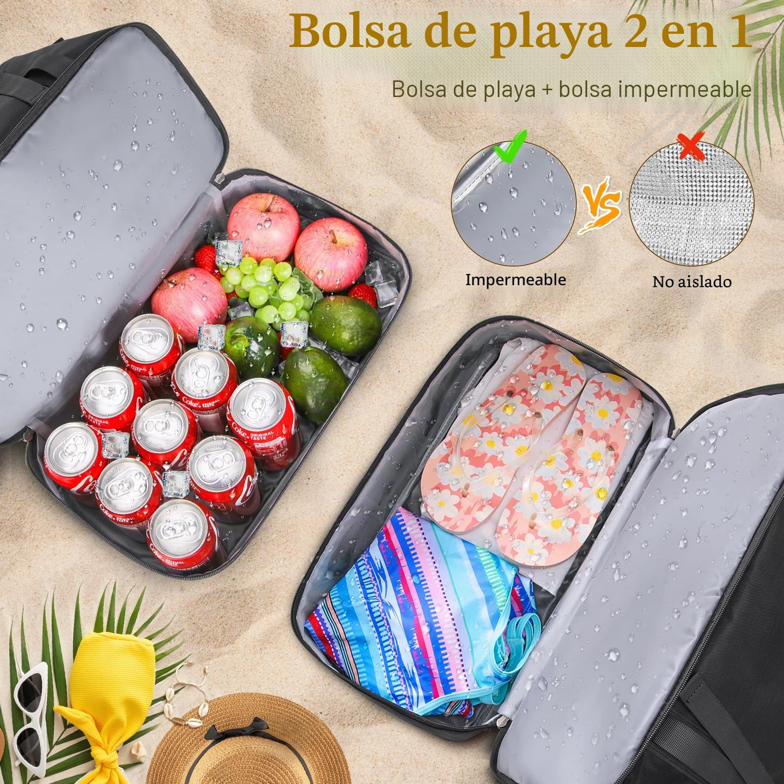 RAINSMORE Bolsa Playa Grande XXL Familiar Bolso Playa Mujer de Malla con Cremallera 42L Impermeable Bolsa Piscina para Viaje Compras Juguetes Negro