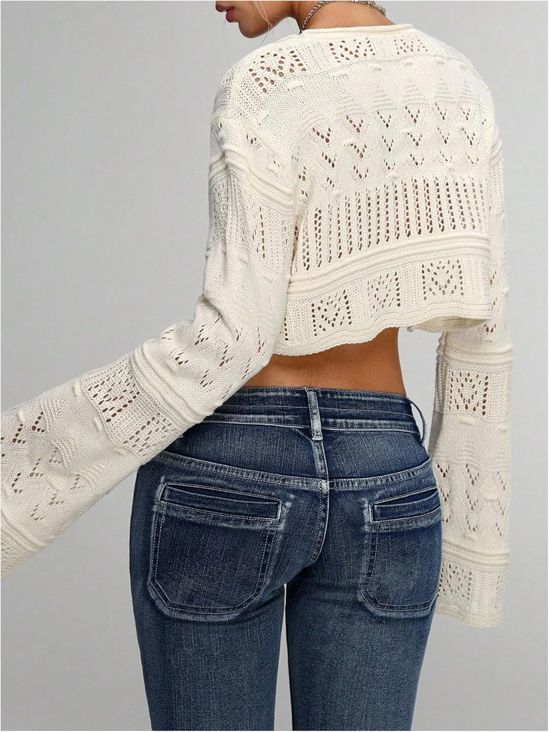 OYOANGLE Women's Tie Front Long Sleeve Crochet Cardigan V Neck Hollow Out Cropped Sweaters - Image 3