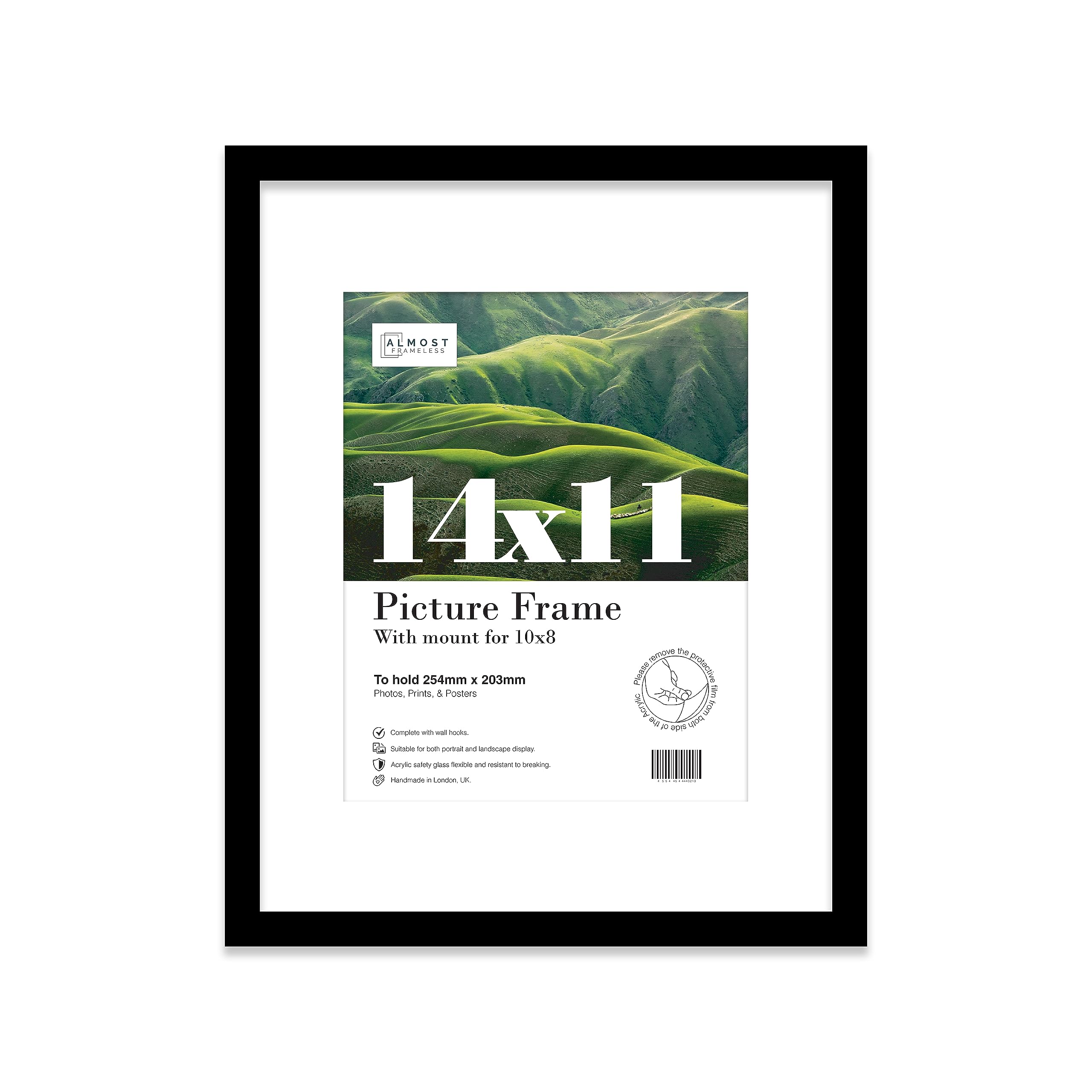 Almost Frameless 14x11 Black Picture Frame With Mount for 10x8 Print, Poster or Photo Poster, Photo, Artwork, or Print. Thin Edge Slim Frame Portrait and Landscape Display with Wall Hooks