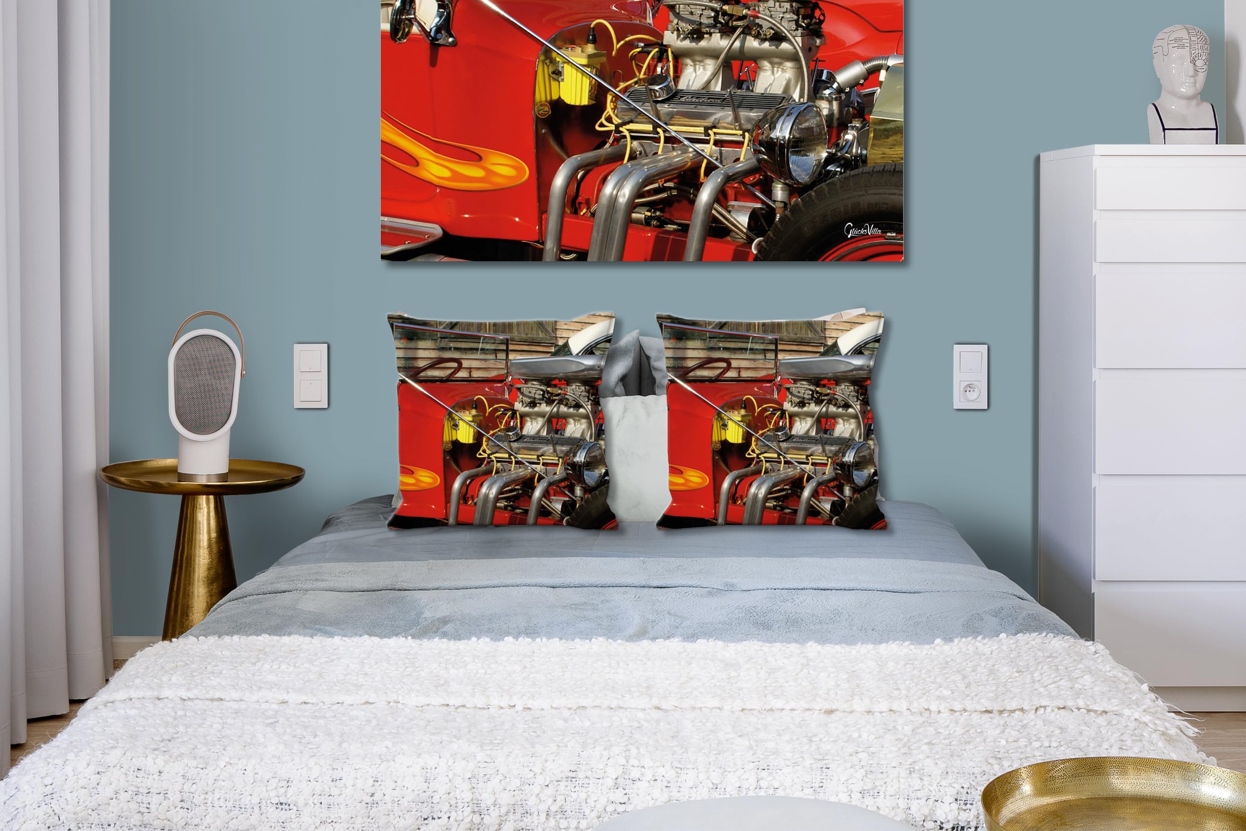 Red Hot Rod - Foto-Kissen-Hülle Set (2 STK.) 40 x 40 cm | Kissen-Bezüge - passend zu Wandbild - Deko-Kissen - Auto Fahrzeug Oldtimer Technik USA