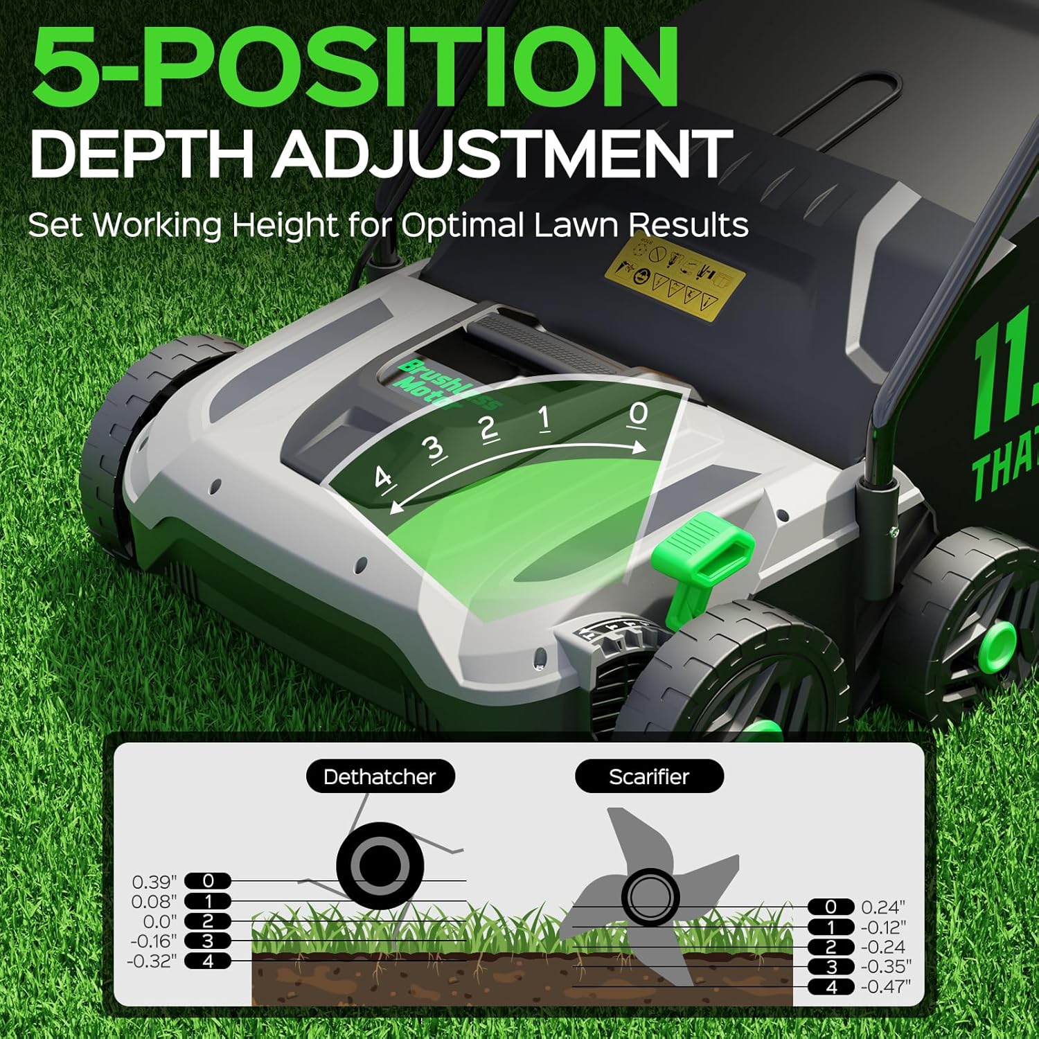 TIECTOWN 14-Inch 13.5 Amp 2-in-1 Electric Dethatcher and Scarifier with 11.5-Gallon Collection Bag, Lawn Dethatcher with 5-Position Depth Adjustment, Blade Replacement Without Tool - Green
