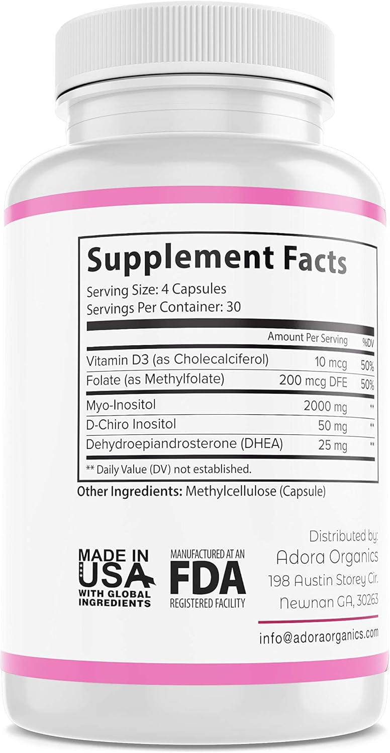 Myo & D-Chiro Inositol with Folate - Vitamin D - DHEA - 40:1 Ratio - 2500mg Per Serving - Adora Organics : Health & Household