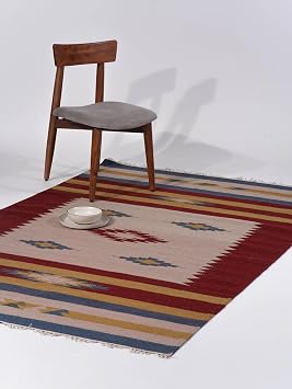Rugsotic Carpets Hand Woven Flat Weave Kilim Wool ECO-Friendly Area Rugs - 5x8, Rectangle Shape, Multicolor Color, Contemporary Modern Design, Low Pile Handmade Rugs for Living Room D00124