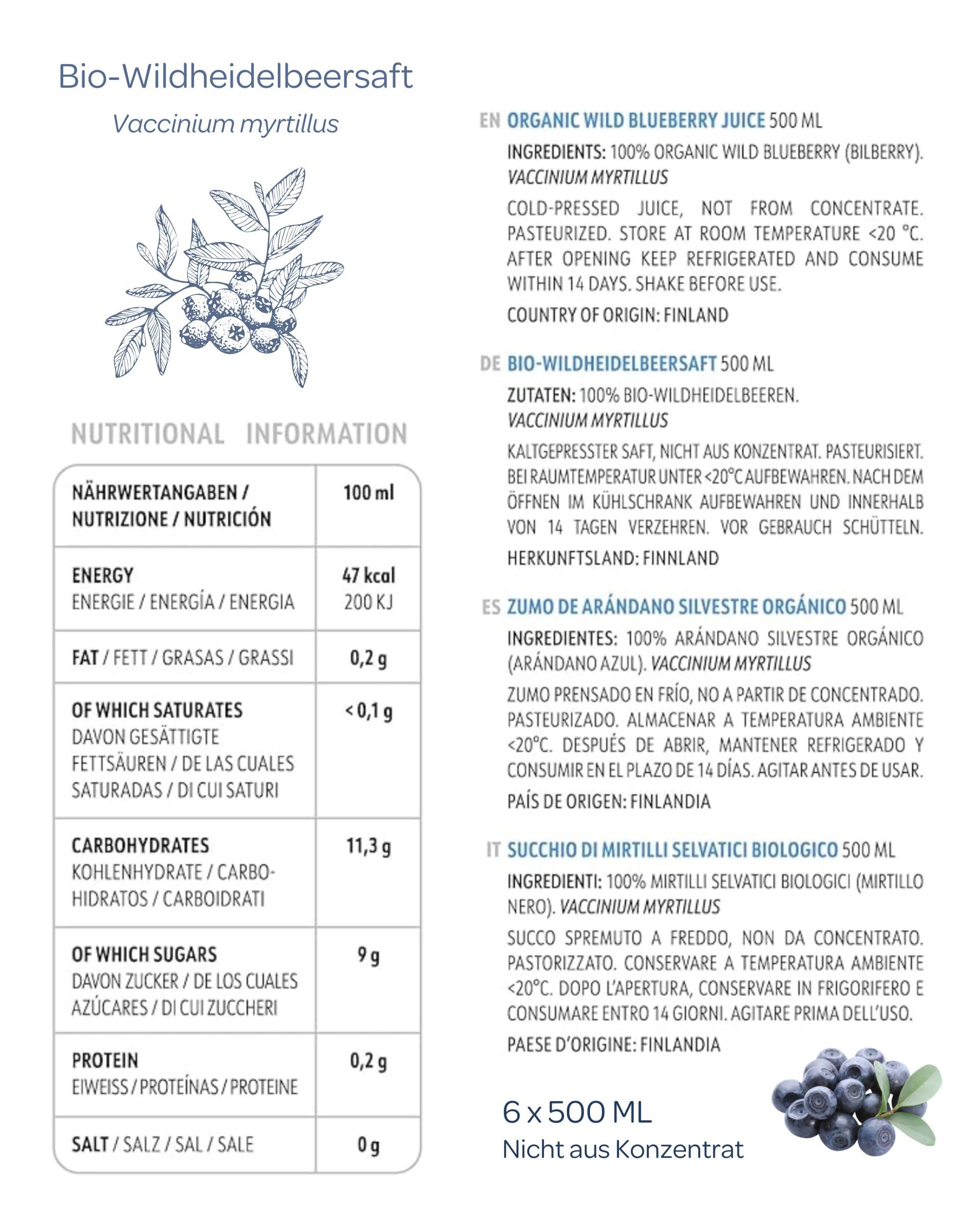 LOOV Bio Wildheidelbeersaft aus nordischen Wäldern, 100% direkt gepresster Blaubeersaft, nicht aus Konzentrat, ohne Wasser- und Zuckerzusatz, echter Direktsaft, 6 x 500 ml