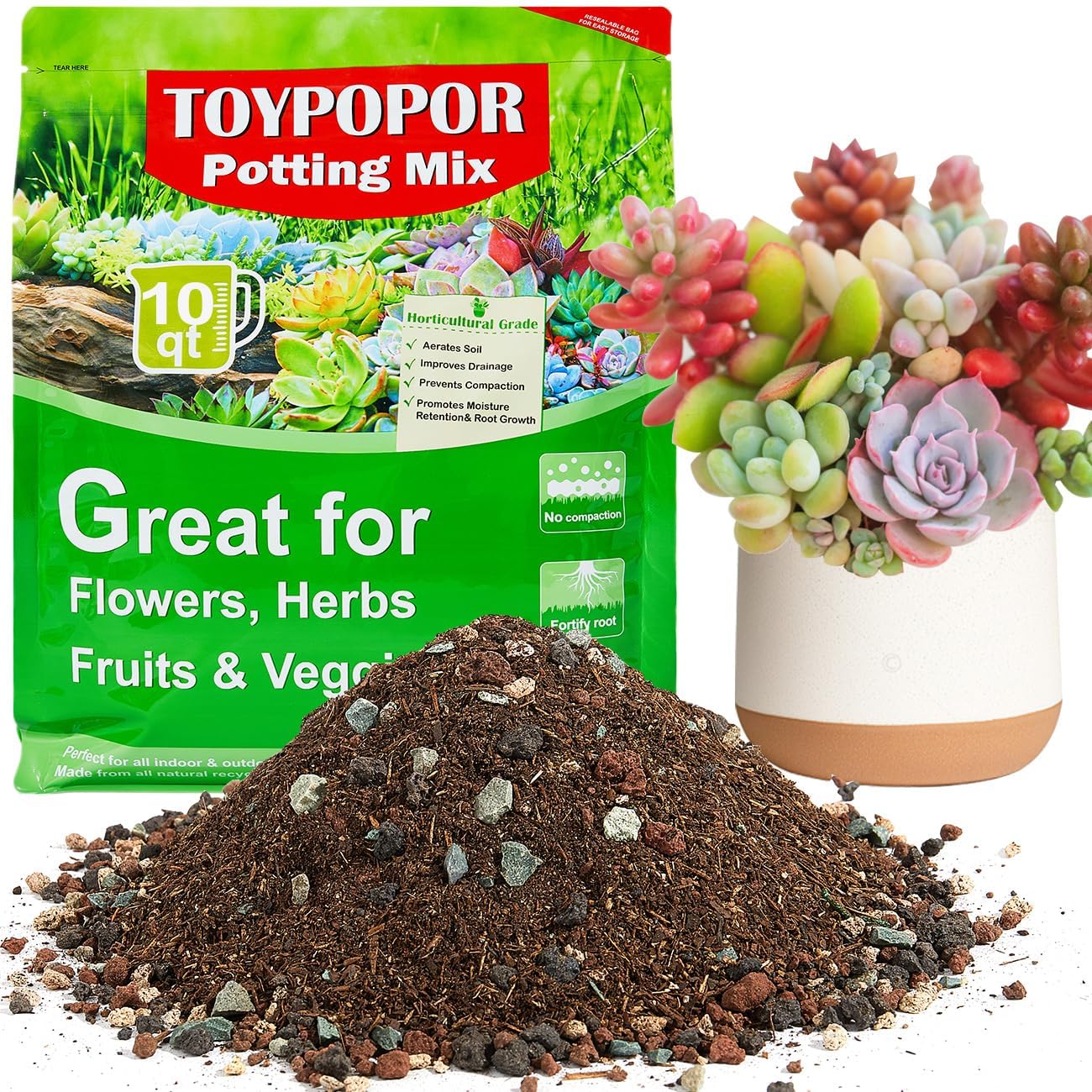 TOYPOPOR Succulent Soil, Cactus Potting Mix 12.5 Pounds/10QTS, High Drainage, Pre-Mixed Ready to Use for All Succulent Varieties, Indoor Plants, Bonsai, Terrarium, Houseplant, 30% Particles 70% Soil