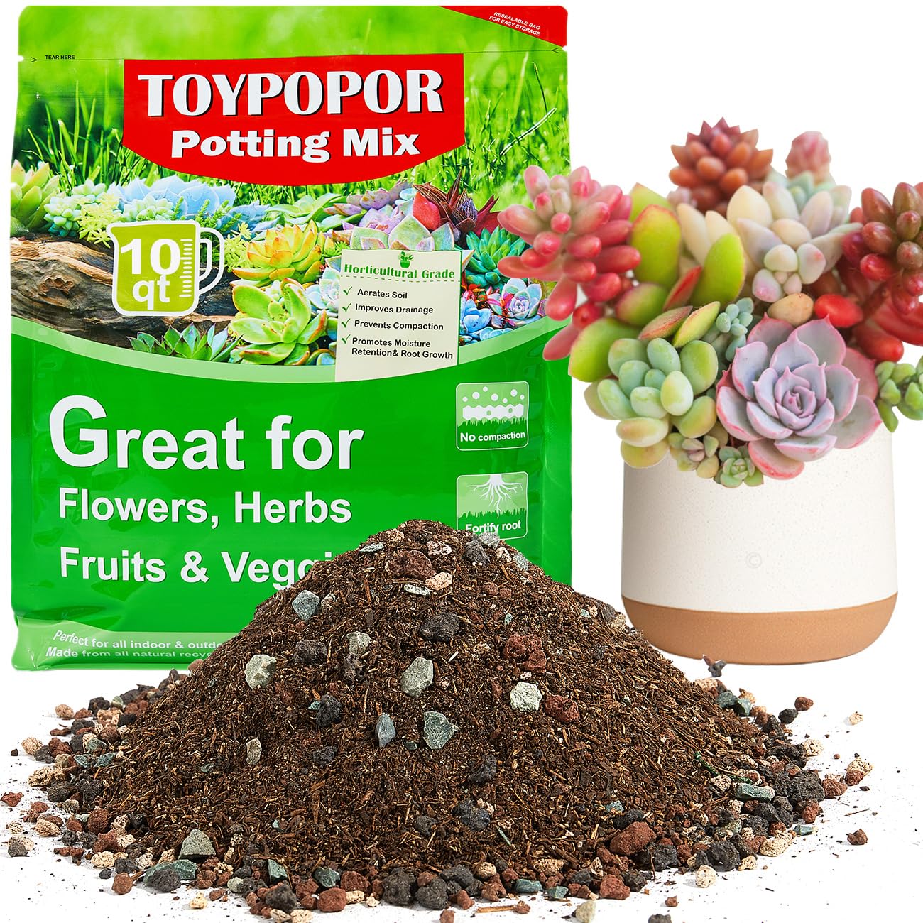 TOYPOPOR Succulent Soil, Cactus Potting Mix 12.5 Pounds/10QTS, High Drainage, Pre-Mixed Ready to Use for All Succulent Varieties, Indoor Plants, Bonsai, Terrarium, Houseplant, 30% Particles 70% Soil