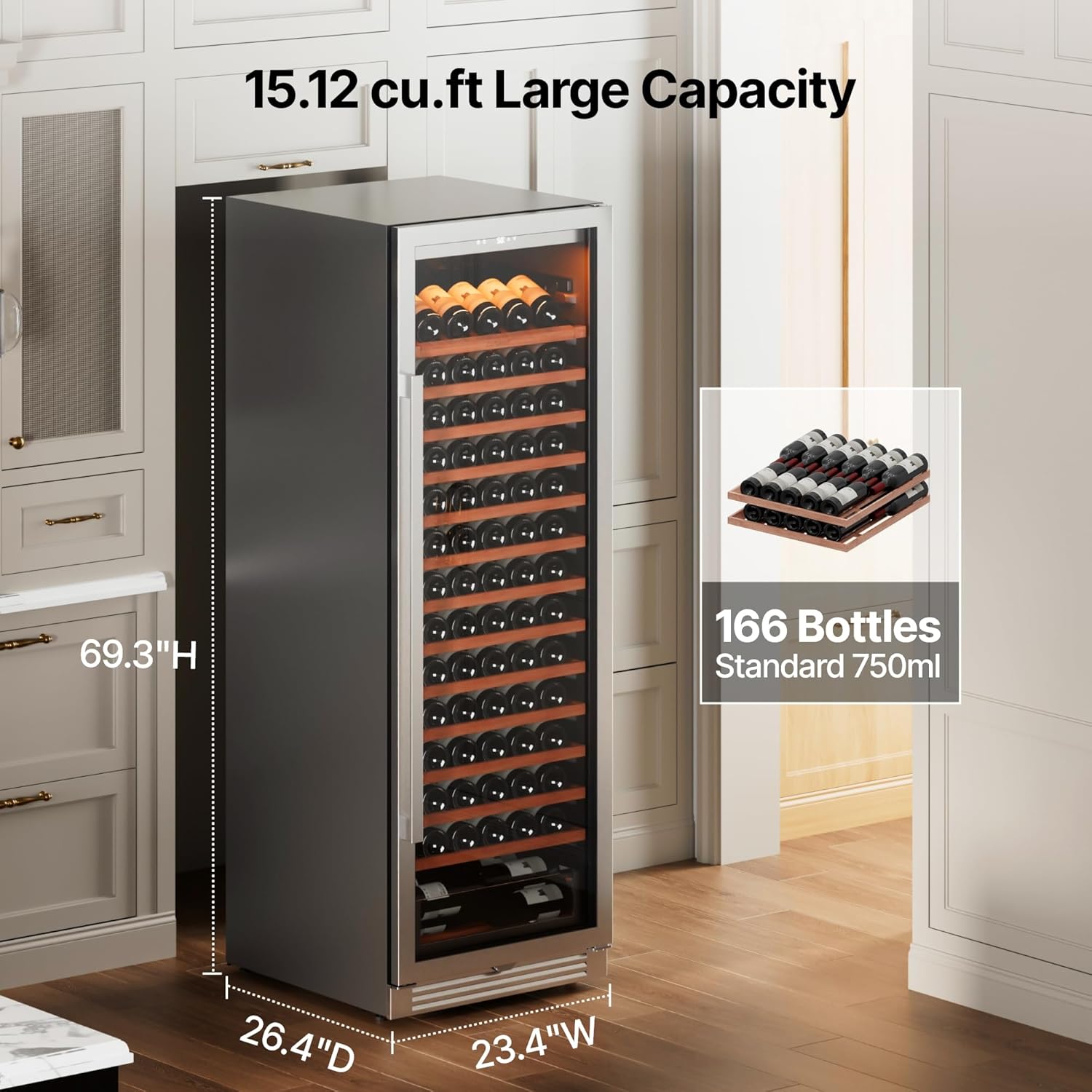 Ca'Lefort Wine Fridge Refrigerator, 166 Bottle 24 Inch Wine Cooler Refrigerator, 40-65°F Fridge with Glass Door, 3 LED Built-in/Freestanding Fridge for Bar/Kitchen/Resterant (Right-Hinged)