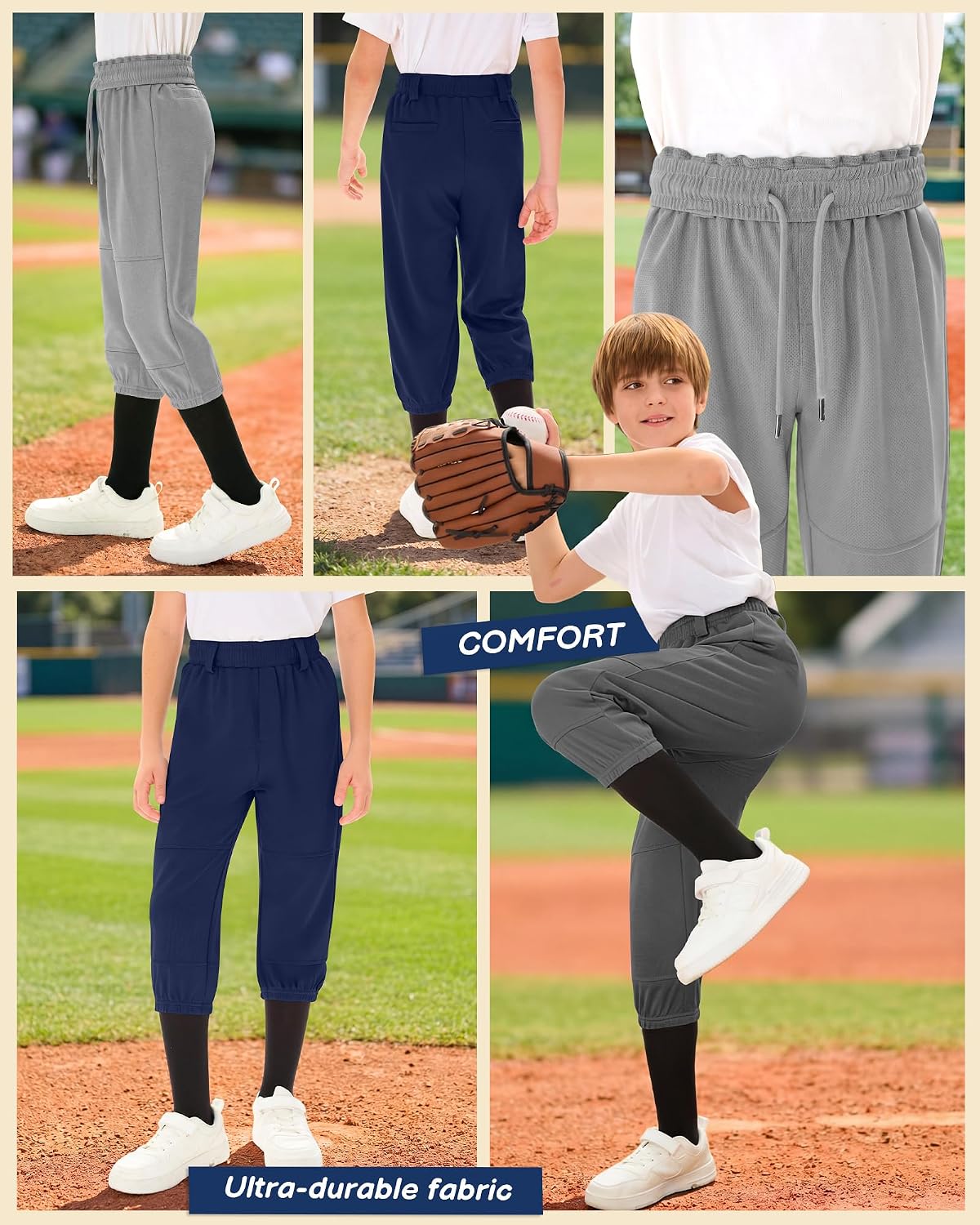 Halfchet 3 Pcs Boys' Knicker Baseball Pants Youth Softball Pants Fit Kids Tee Ball Capris Practice with Belt Loops Pockets