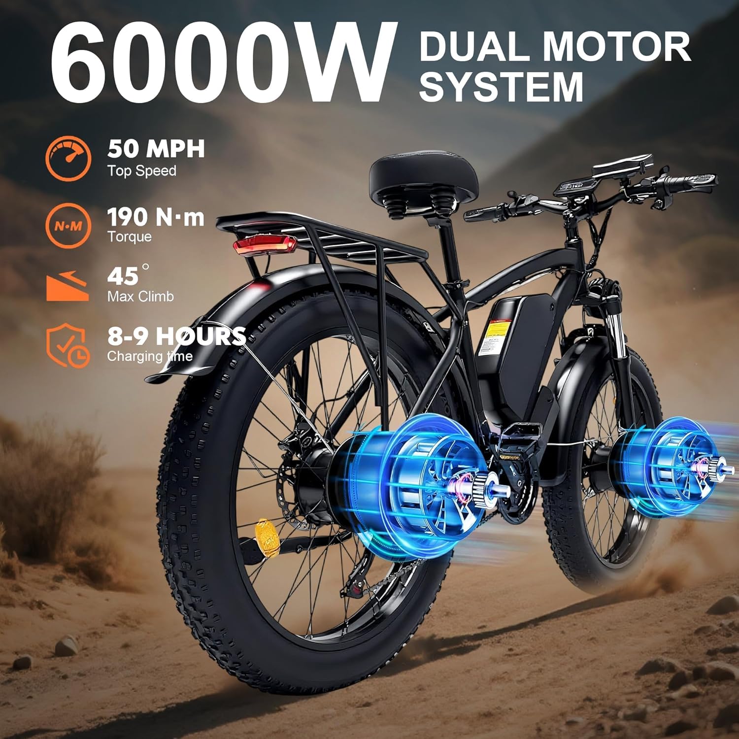 6000W Peak Dual Motor Electric Bike for Adult, 50MPH with 60V 25AH Battery, 26" Fat Tire Electric Bicycle for All Terrain, Full Suspension with Hydraulic Disc Brake, 21-Speed Long Range EBike