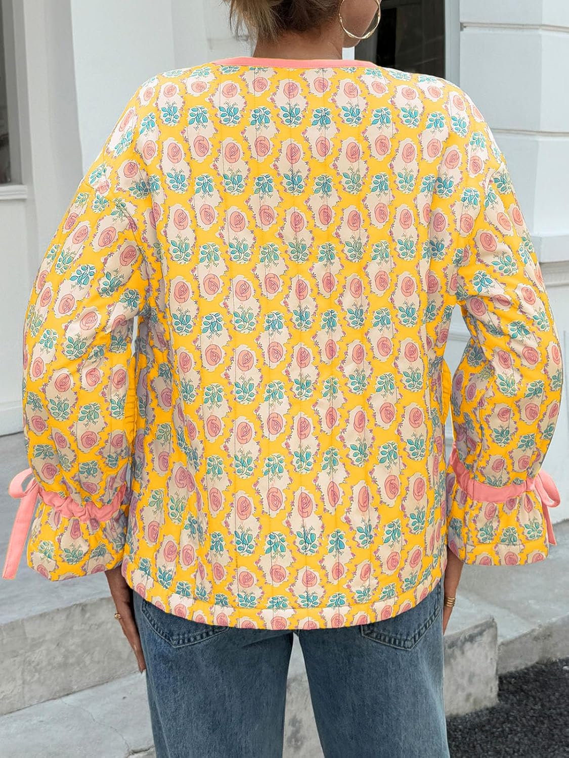 Tankaneo Womens Cropped Puffer Jacket Floral Print Open Front Quilted Jacket Bow Tie Heart Coat Lightweight Outerwear - Image 4