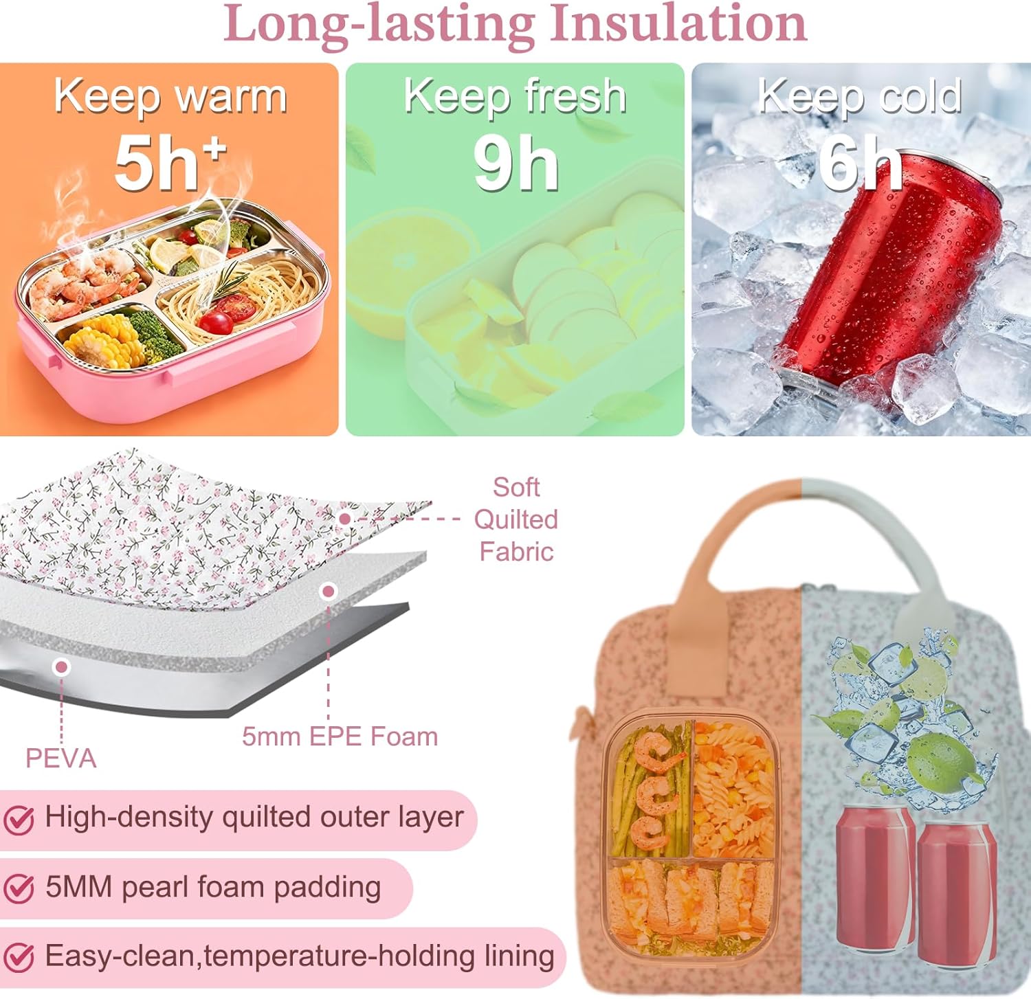 Quilted Lunch Box for Women,Large Pink Floral Insulated Lunch Bag for Adult,Cute Lunch Tote Bags for Work Picnic Travel(Pink Floral,M) - Image 5