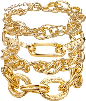 Chunky Gold Stackable Bracelets Set for Women Non Tarnish 14K Gold Paperclip Cuban Link Chain Bracelet Stack Fashion Adjustable Simple Jewelry Gift