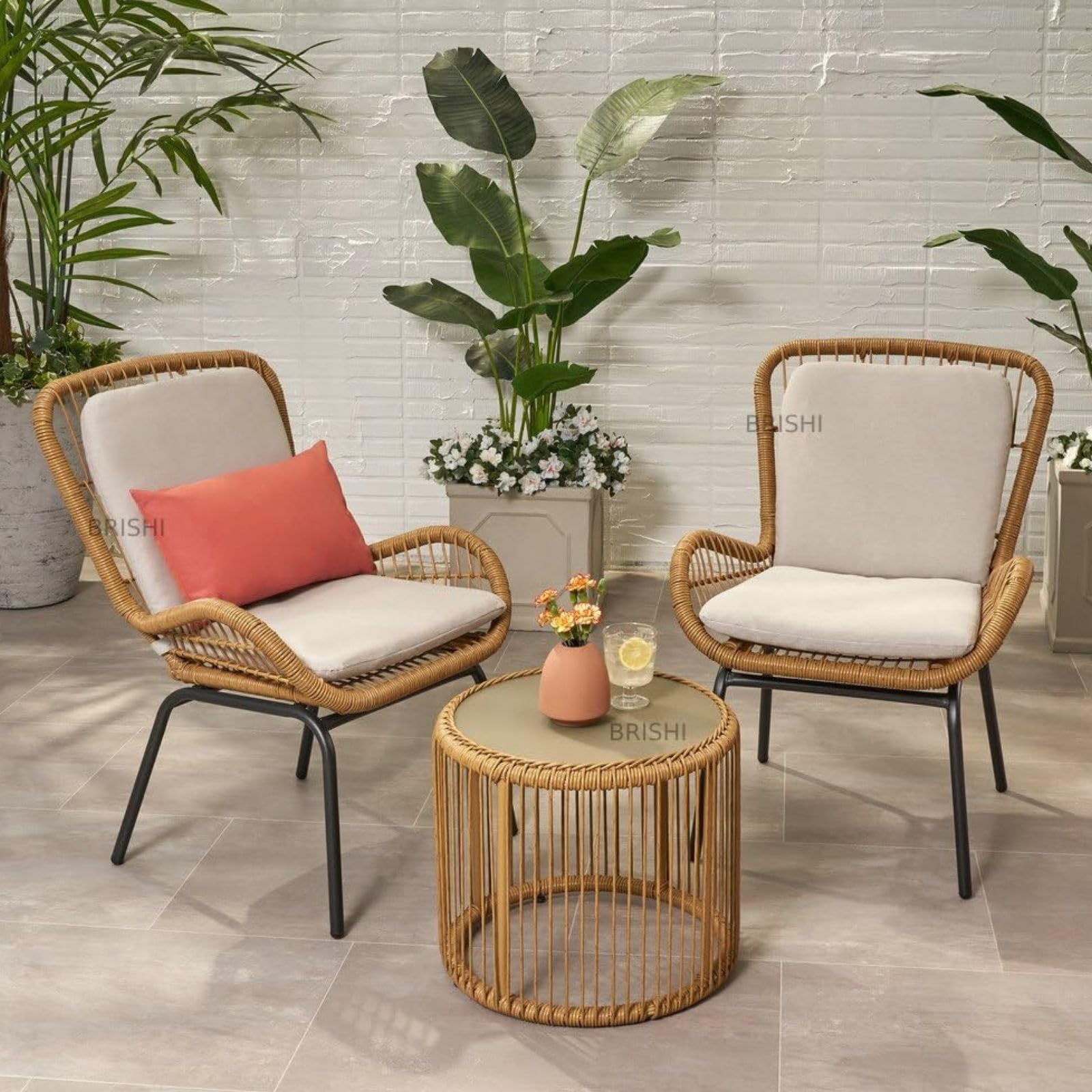 BRISHI Rattan & Wicker Garden Patio Seating Chair and Table Set Outdoor Balcony Garden Coffee Table Set Furniture and 2 Chairs 1 Table Set with Cushion (Beige), 67 cm , 58 cm , 64 cm