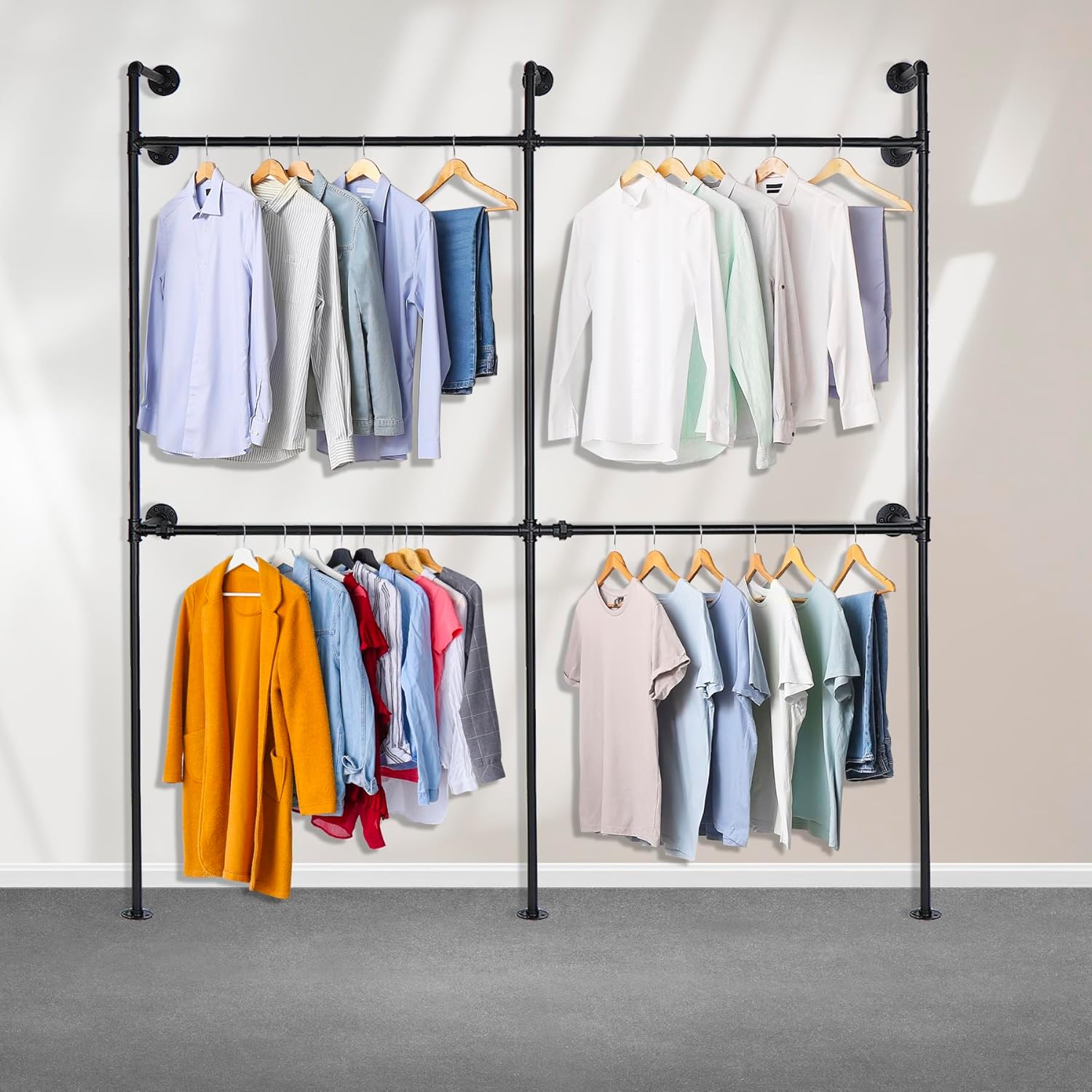 industrial pipe clothing rack metal, minimalist retro walk-in closet system, heavy duty wall mounted industrial pipe closet organizer for hanging clothes ( 2 tier, 88.58"h x 78.74”w x 9.84"d)