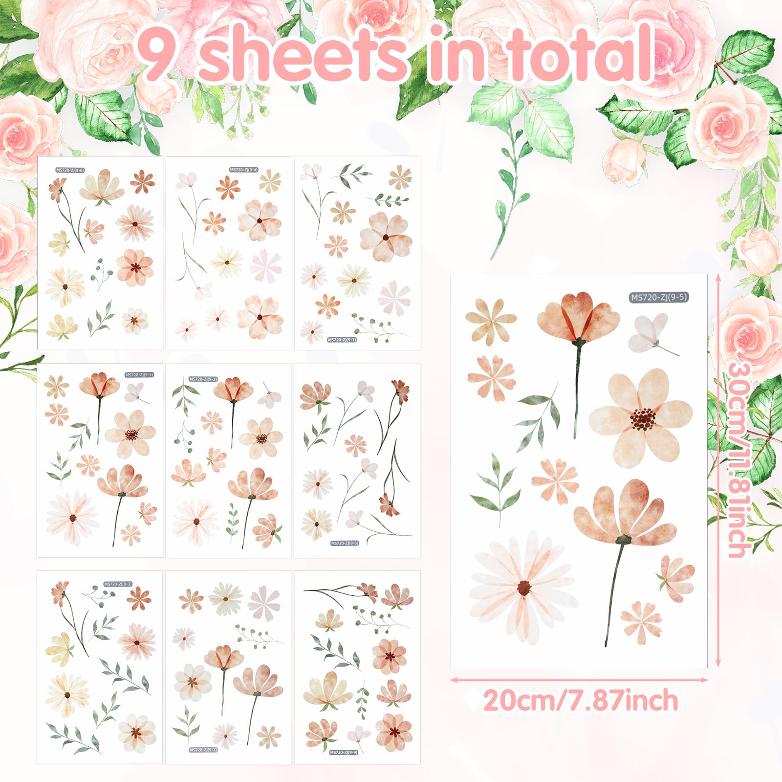 9 feuilles de stickers muraux boho fleurs, petits motifs floraux autocollants, autocollants confortables, plantes stickers muraux, pour chambre de fille, chambre, salon, couloir, salle bain, cuisine