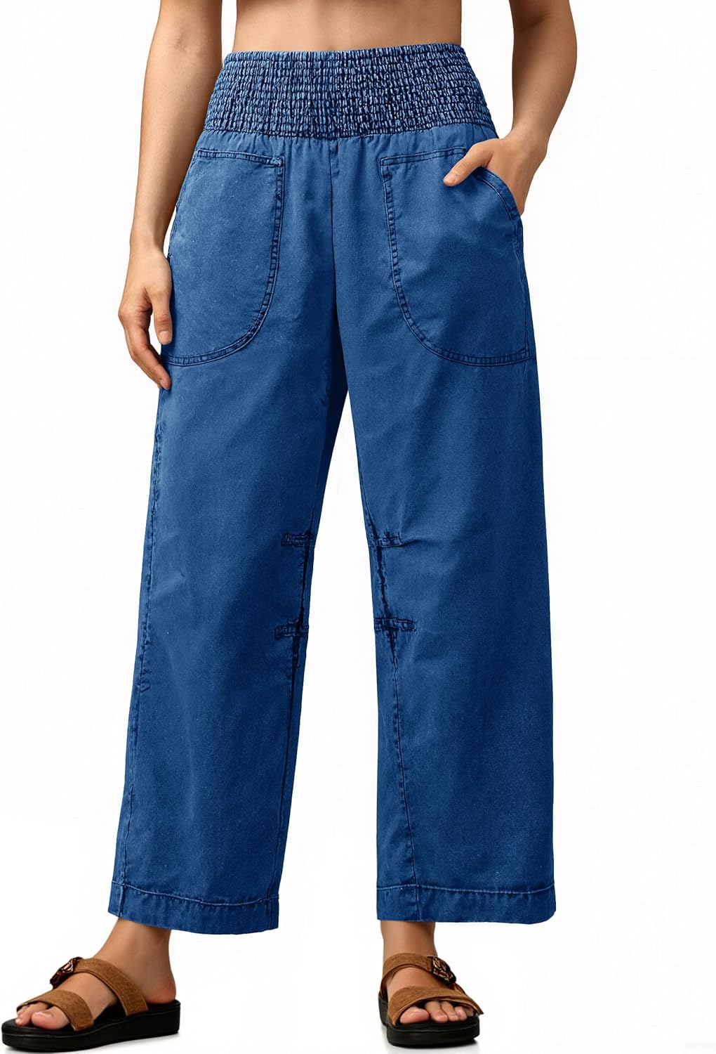 Cicy Bell Womens Smocked Barrel Jeans Casual Trendy High Waisted Baggy Pull On Denim Pants