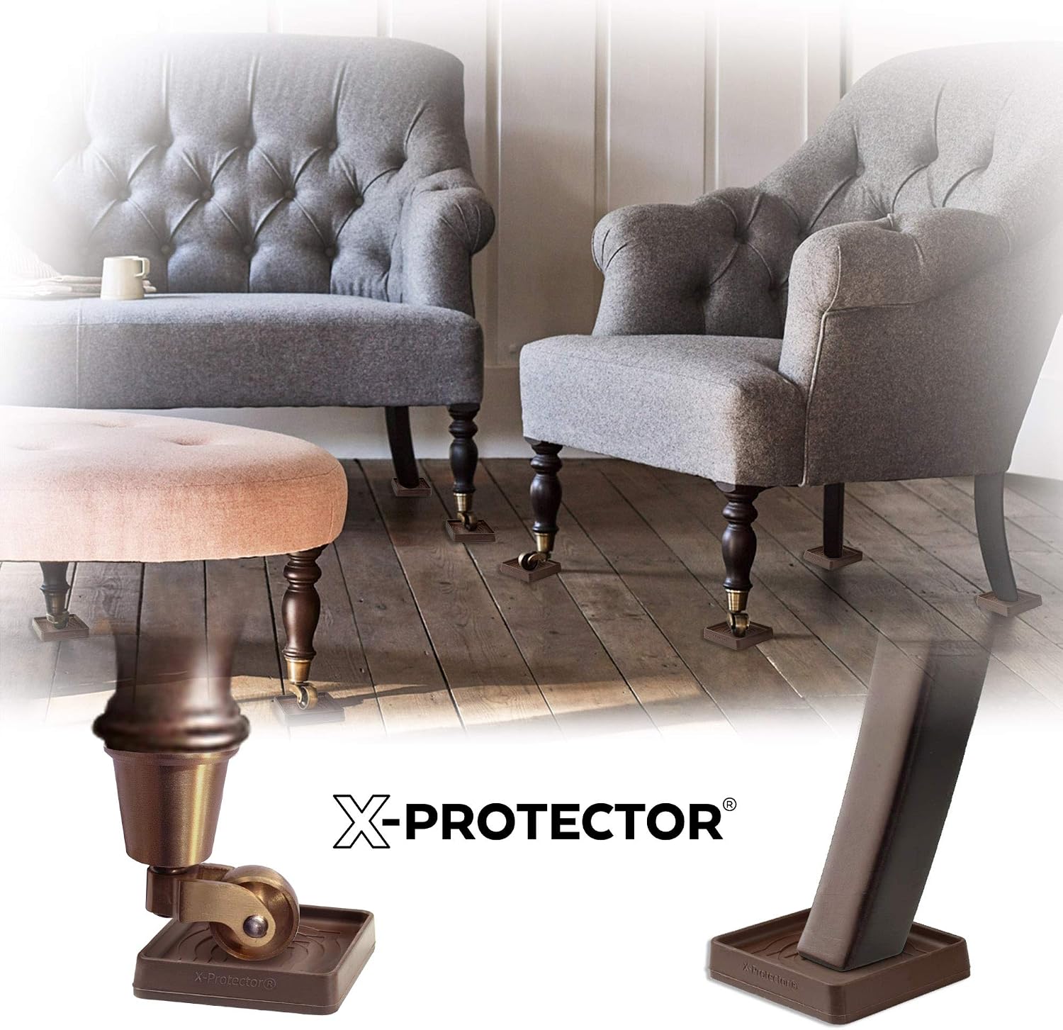 Furniture Cups X-PROTECTOR – 4" Caster Cups 4 PCS – Brown Furniture Coasters – Ideal Bed Stoppers – Non Skid Furniture Pads with a Perfect Design – Rubber Furniture Pads - Protect Any Flooring!