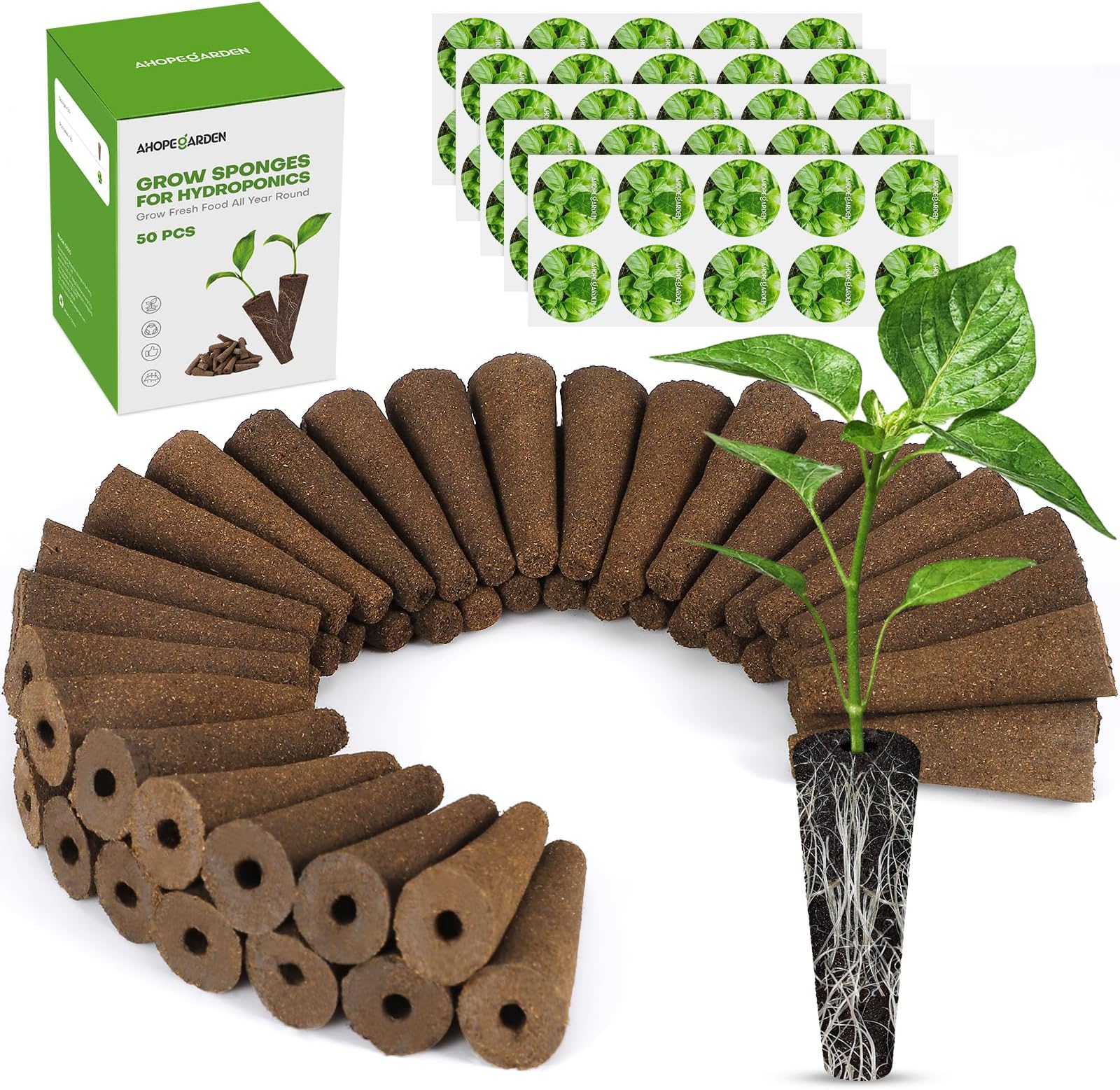 50pcs Hydroponic Pods Kit: Compatible with AeroGarden Herb Kits with 50 Grow Sponges; 50 Pods Lable, Highly Breathable - Indoor Garden Kit Supplies for Most Brands