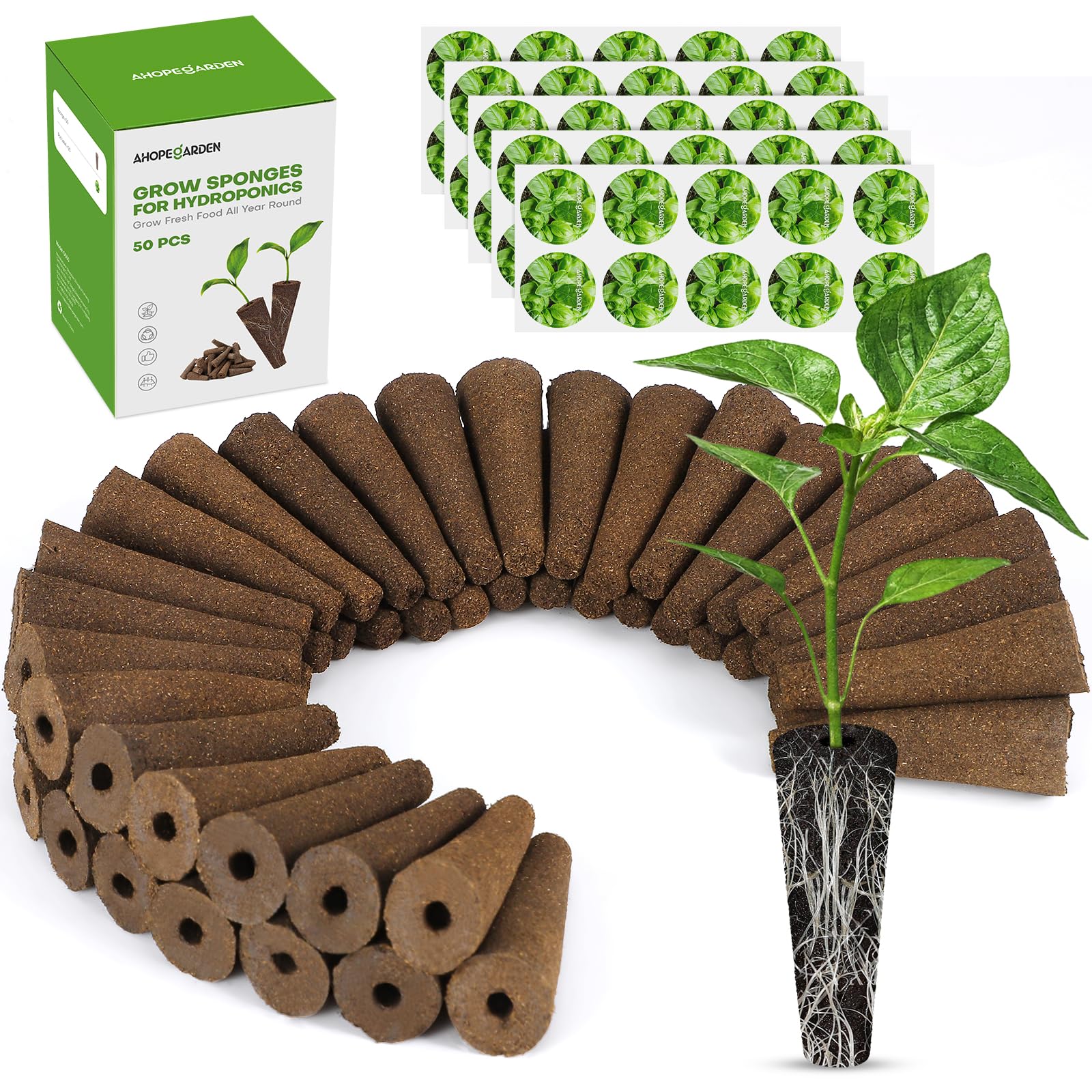 Ahopegarden50pcs Hydroponic Pods Kit: Compatible with AeroGarden Herb Kits with 50 Grow Sponges; 50 Pods Lable, Highly Breathable - Indoor Garden Kit Supplies for Most Brands