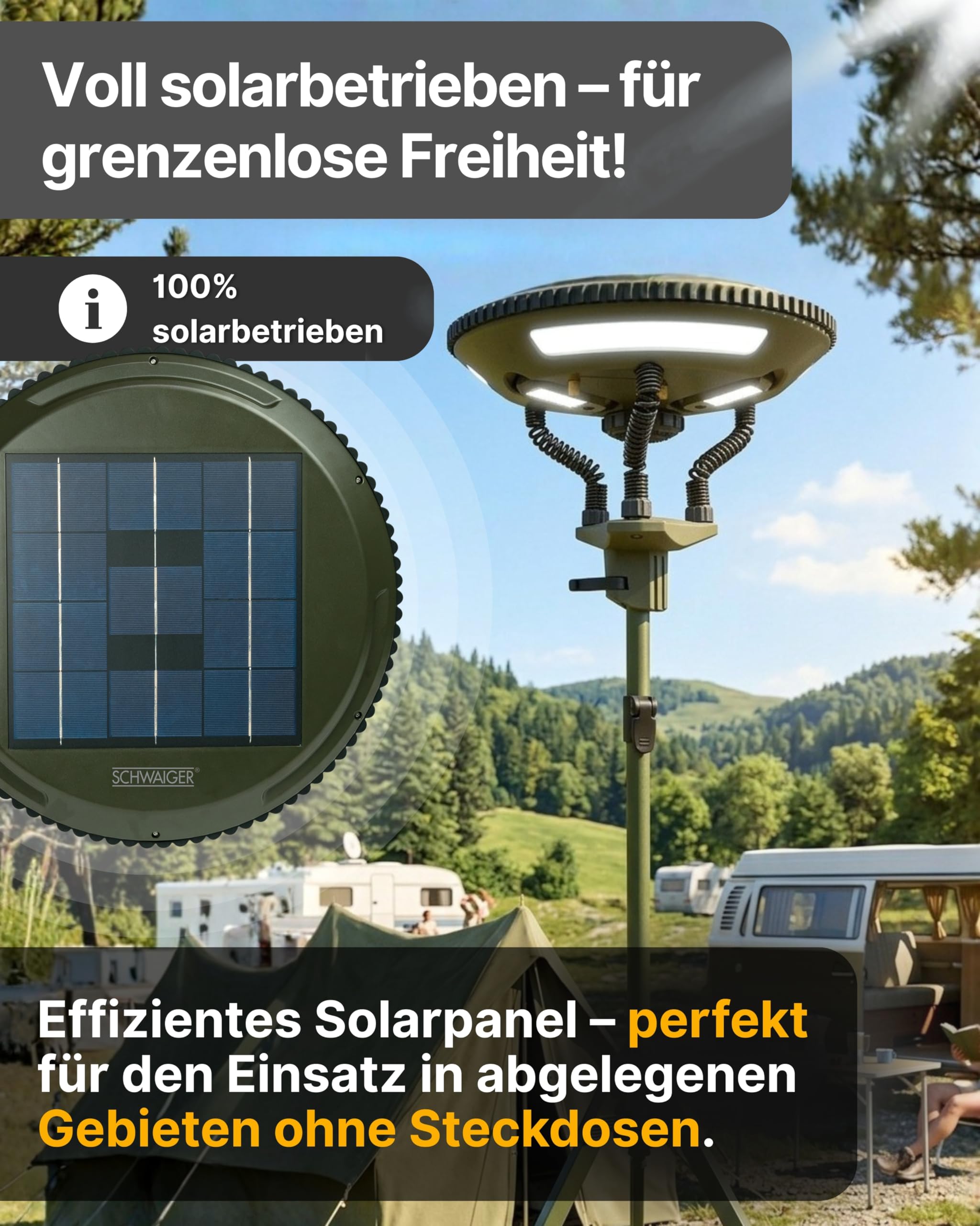 SCHWAIGER LED Campingleuchte mit Stativ & Bluetooth Lautsprecher I Solar Campinglampe mit 3 Zusatzleuchten I solarbetriebene Standleuchte mit Powerbank-Funktion I multifunktionale Outdoor Lampe