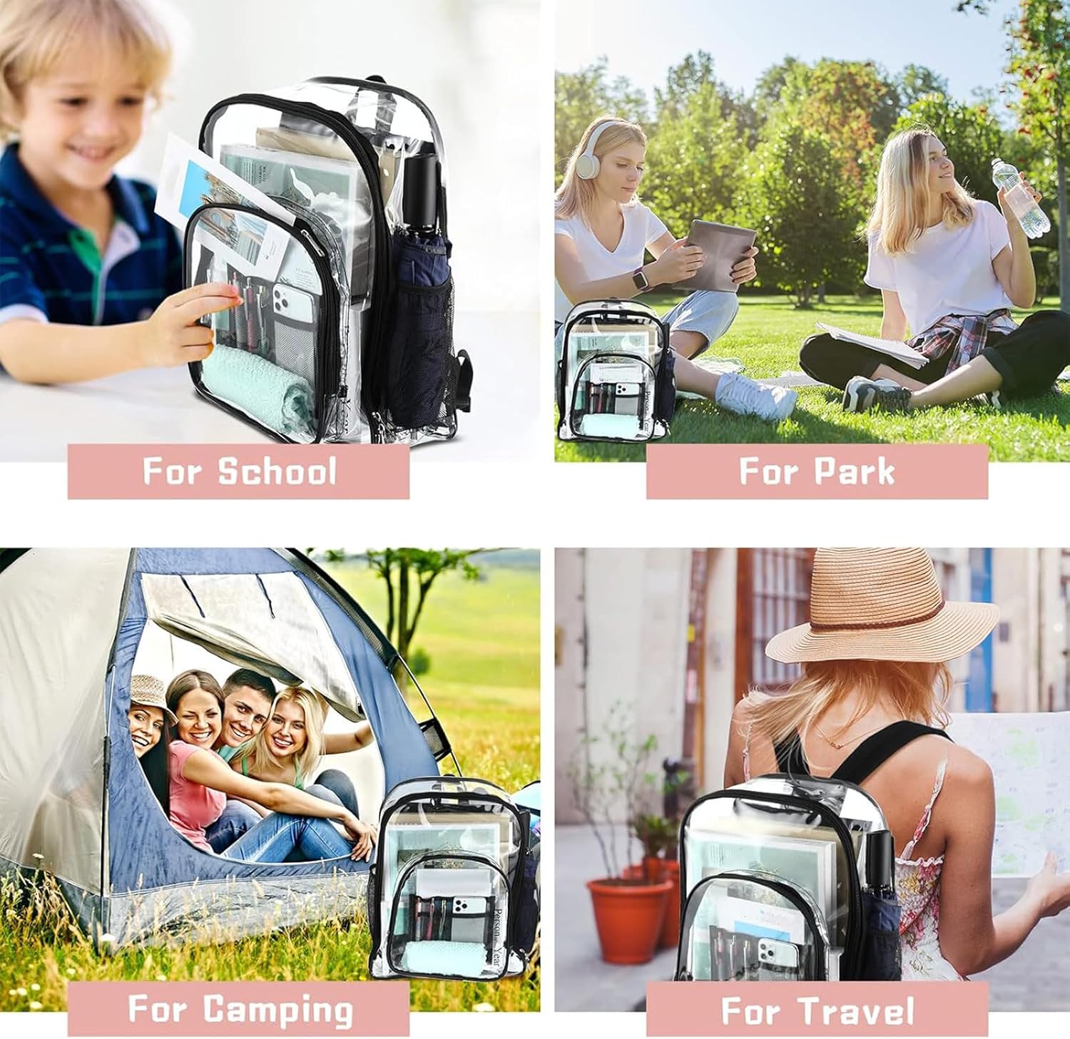 Sanwuta 8 Pcs 17 Inch Clear Backpack Bulk for Students, Heavy Duty PVC Transparent Backpack Stadium Approved Bookbag (Black)