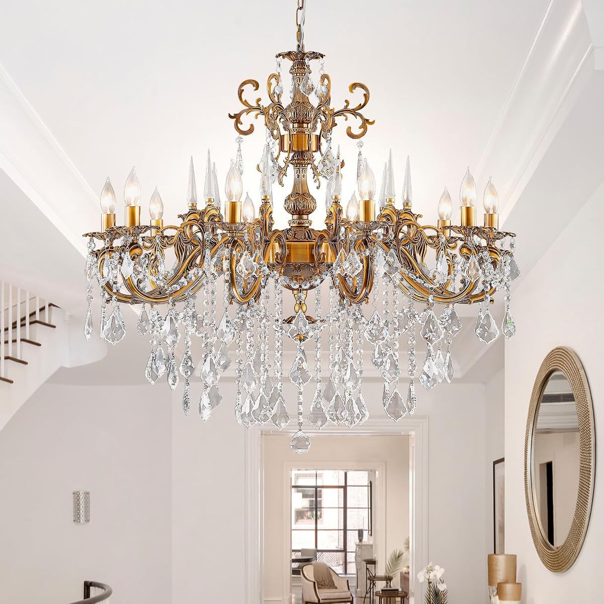 Gold Crystal Chandelier, 10-Light Antique Bronze Candle Pendant Ceiling Light Fixture with K9 Crystals for Dining and Living Room, Bedroom, Kitchen Island, Hallway, Dia 36"