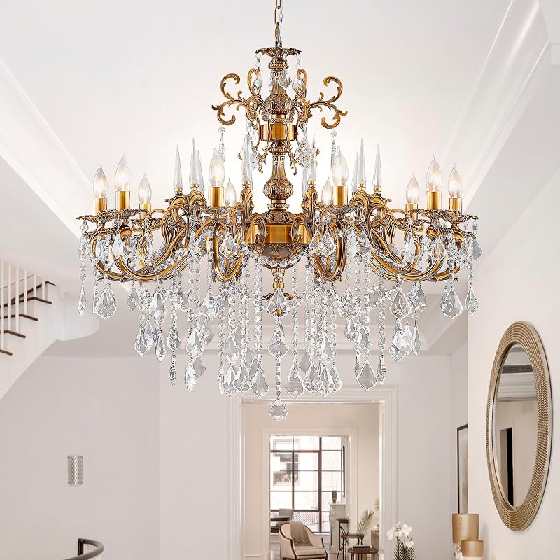 Gold Crystal Chandelier, 10-Light Antique Bronze Candle Pendant Ceiling Light Fixture with K9 Crystals for Dining and Living Room, Bedroom, Kitchen Island, Hallway, Dia 36"