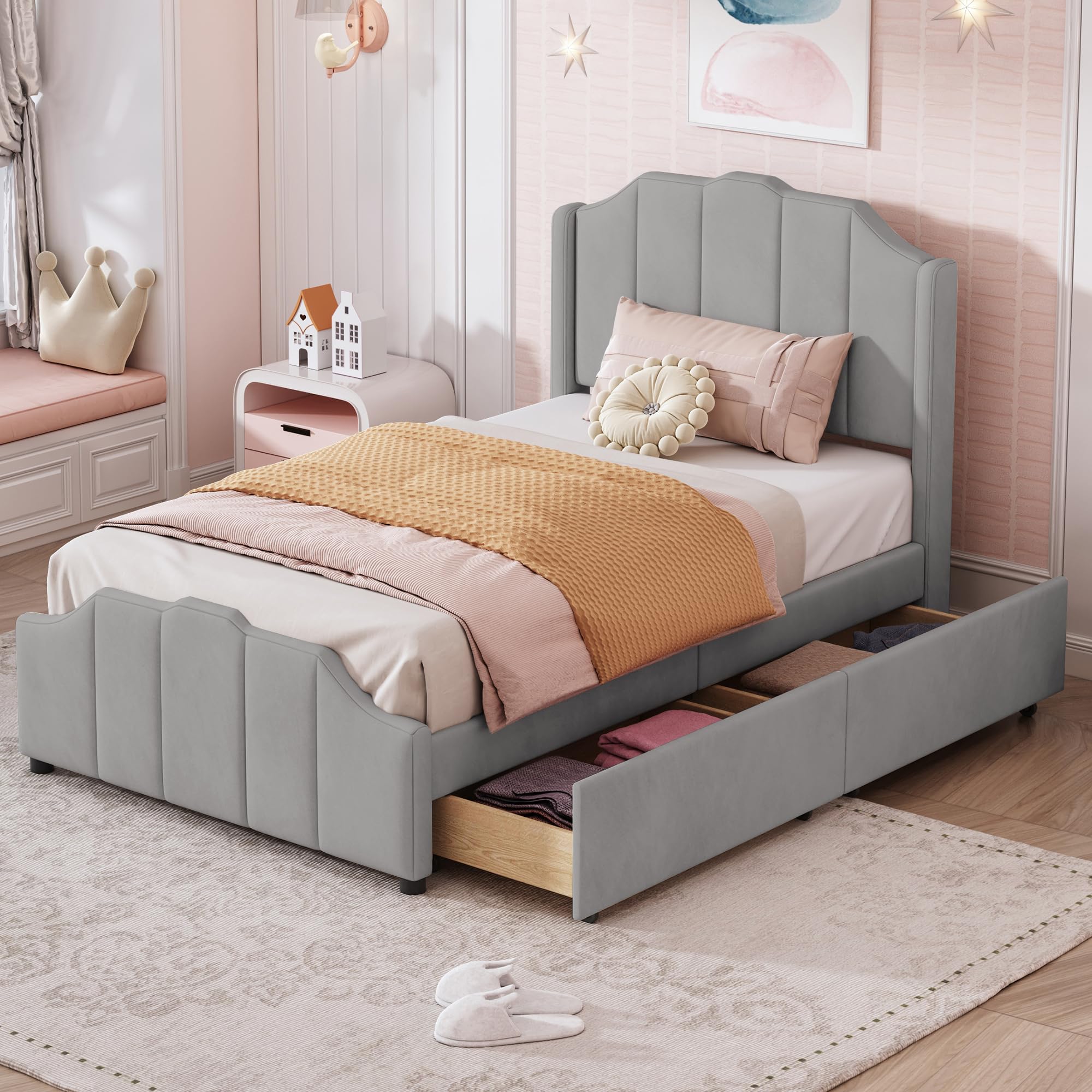 Letto imbottito 90 x 200 cm, con 2 cassetti portaoggetti con testiera, poggiapiedi e rete a doghe in velluto, letto matrimoniale imbottito per ragazzi e ragazzi, colore: grigio
