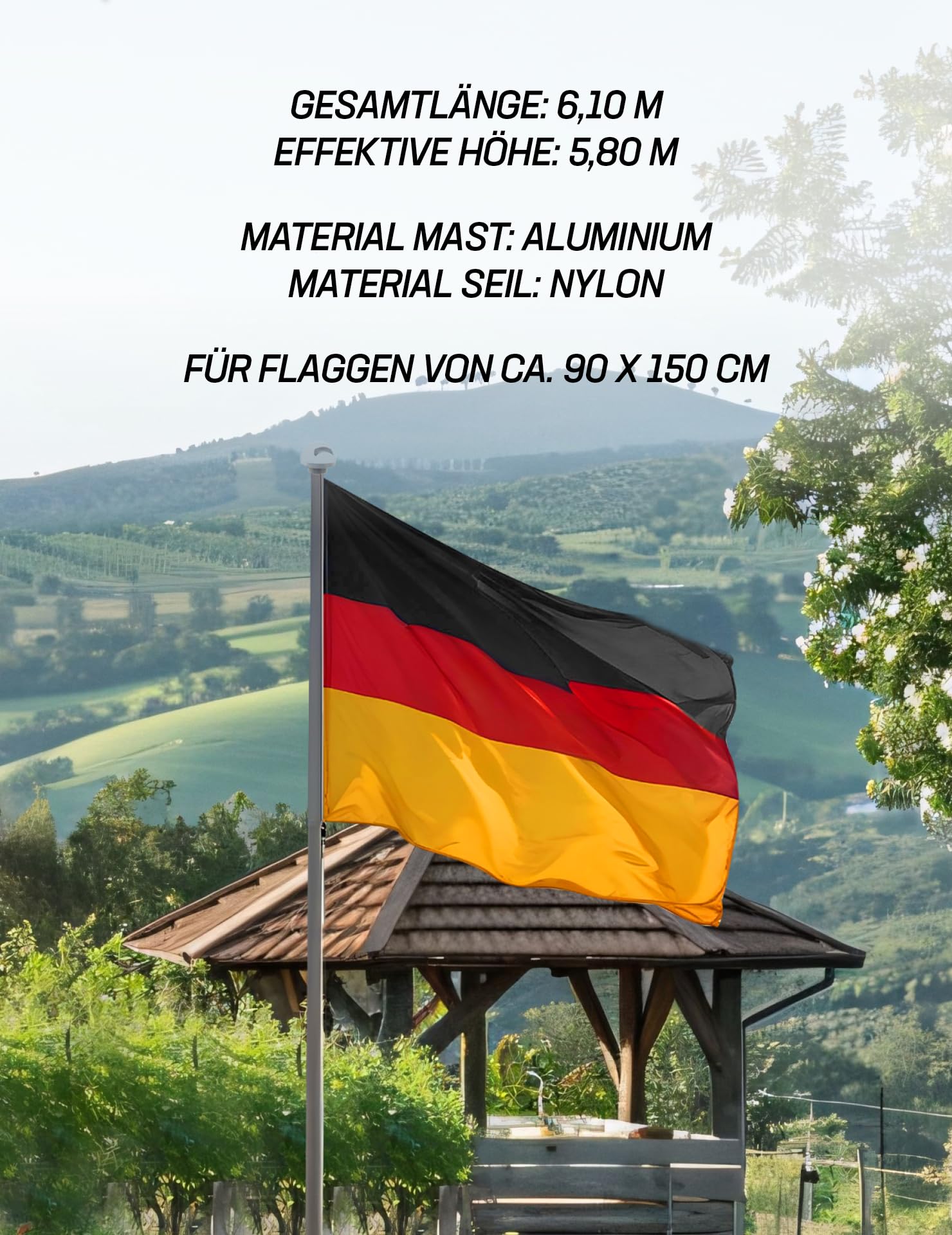 MUWO Glory Teleskop Fahnenmast mit Hissvorrichtung, höhenverstellbar von 2,1 m bis 6,1 m. Einfaches Stecksystem aus flexiblem, wetterfestem Aluminium, mit Bodenhülse. Geeignet für die Außenmontage