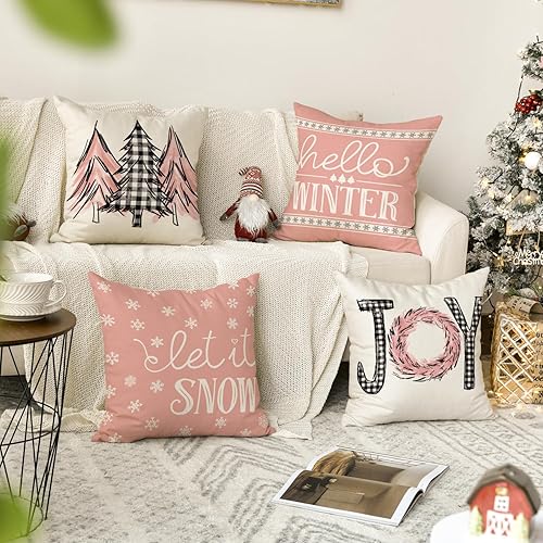 Miniatura 2 de AVOIN colorlife Juego de 4 fundas de almohada rosas con lemas de árboles de Navidad, 18 x 18 pulgadas, diseño de Hello Winter Let it Snow Holiday