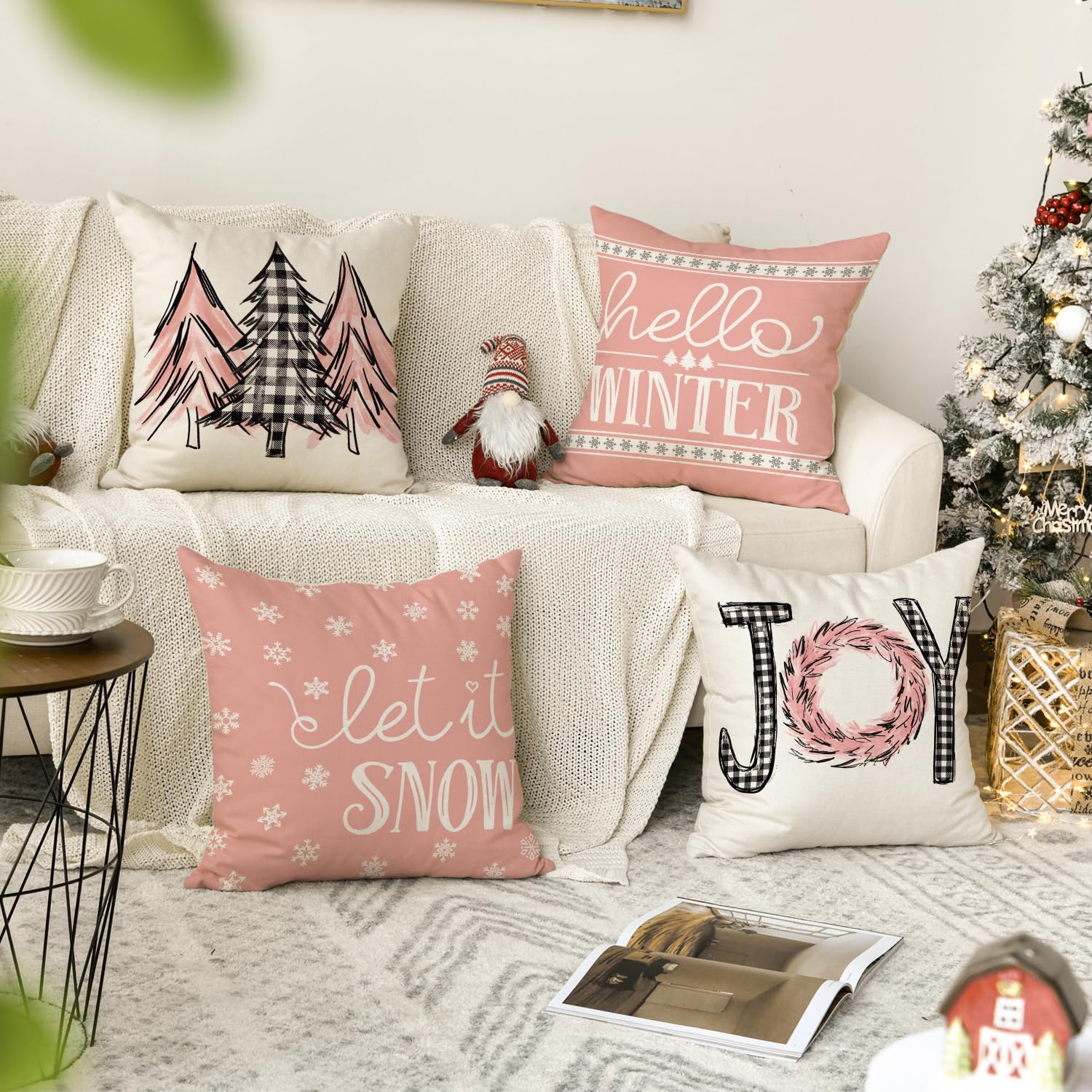 Ramirar Federe Cuscino 45x45 Cm Merry Christmas - Set Da 4 In Cotone E Lino Con Decorazioni Natalizie (Motivo Quadri Blu/Nero)