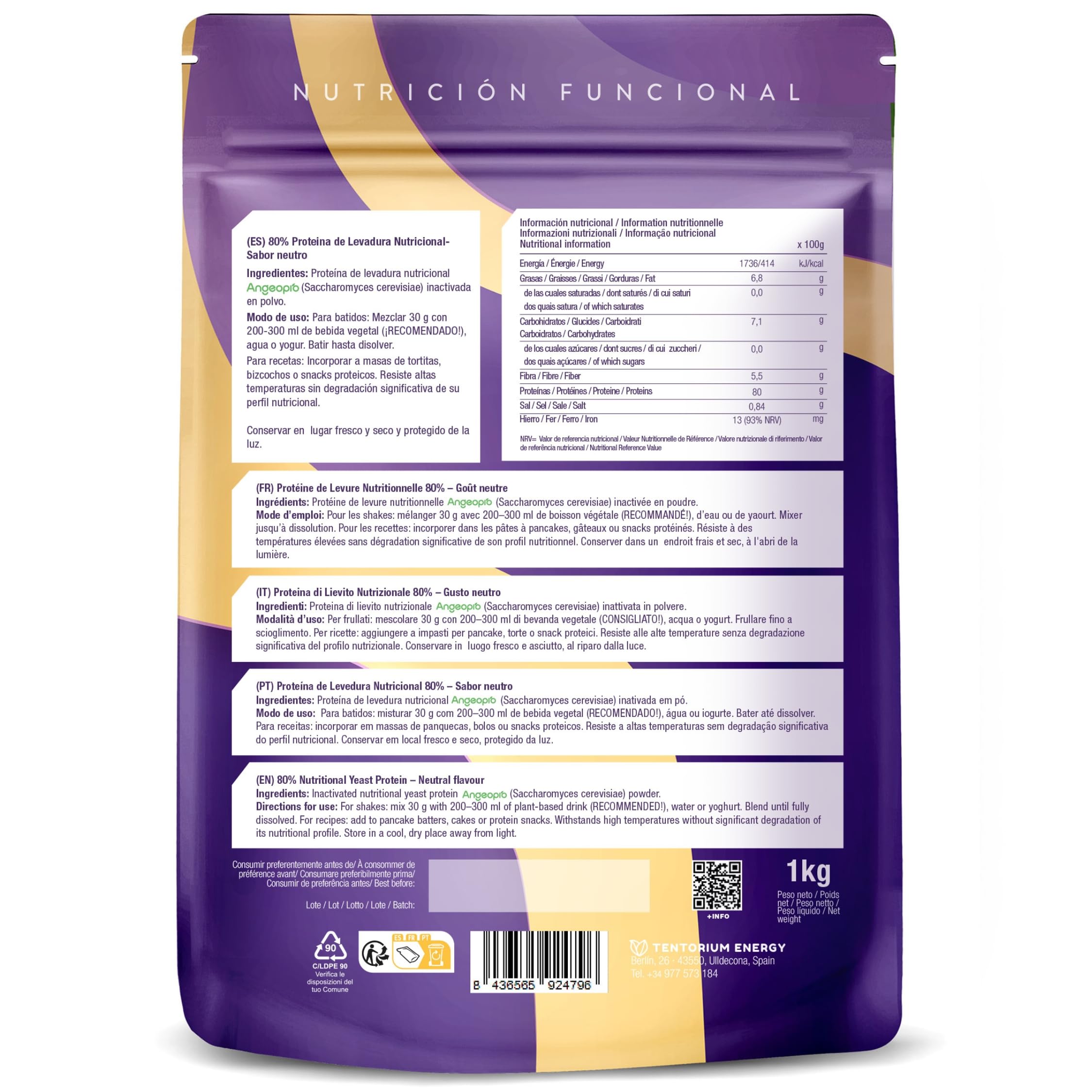 Energy Feelings Proteine in Polvere Vegane di Lievito Nutrizionale 1kg, Proteine Vegetali in Polvere Senza Lattosio e Glutine 82%, Per l’Aumento della Massa Muscolare, Gusto Neutro Senza Aroma