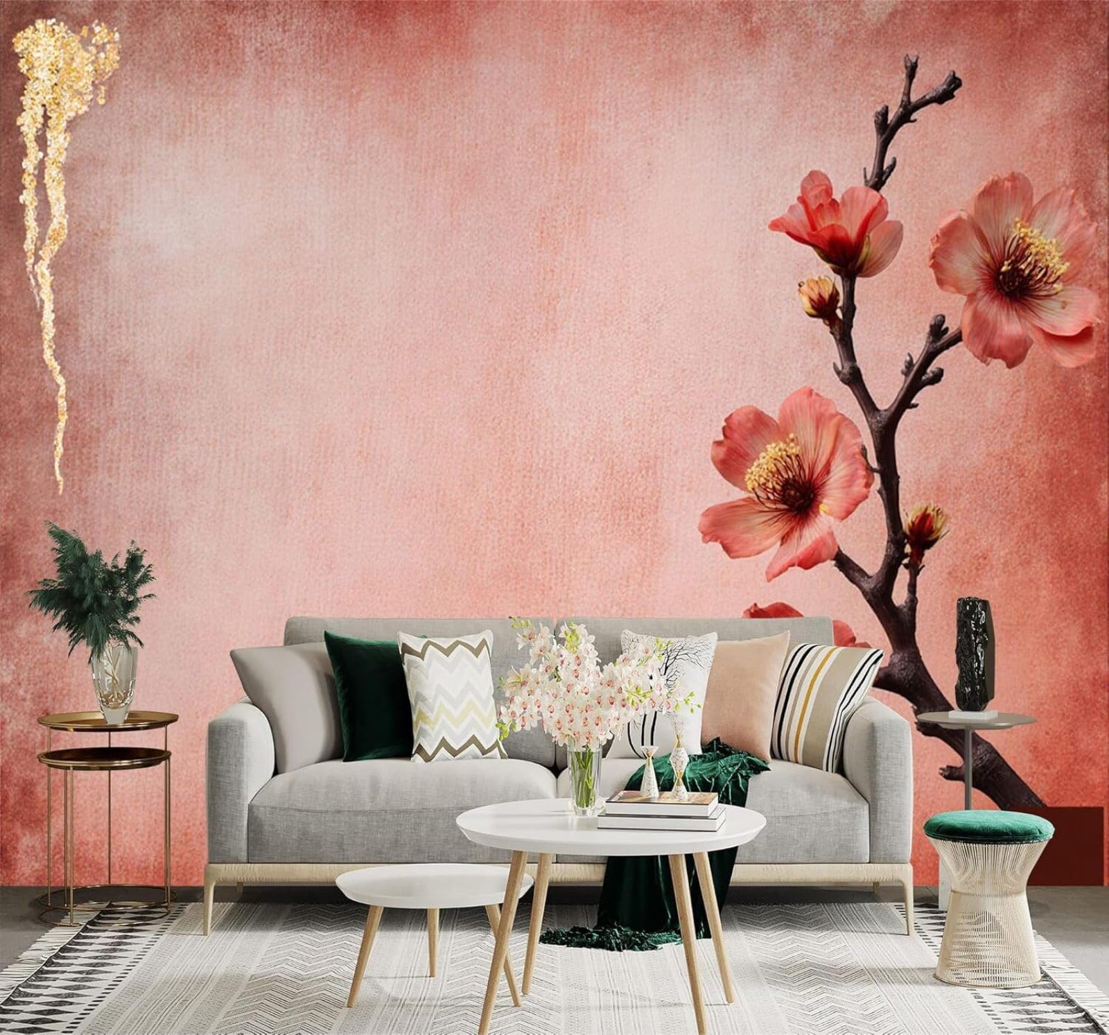 XLMING Red Plum Blossoms Branches Golden Texture Pink Gradient 3D Wallpaper Silky Texture Home Study Office Grey Dining Room Sofa Bedroom Living Room TV Backdrop-250cm×170cm