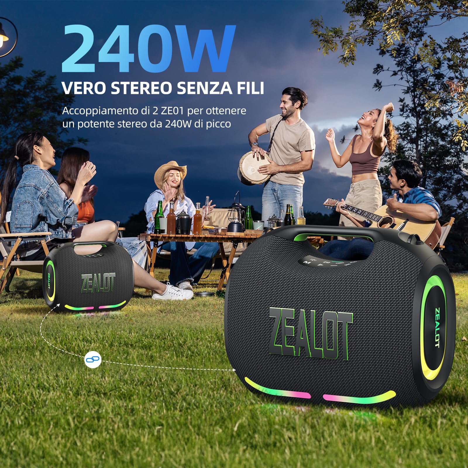 ZEALOT Cassa Bluetooth 150W Peak(120W RMS) con Luce LED,Bluetooth 5.3,Impermeabile IPX6,Suono Stereo,USB/AUX/TF ingresso,USB-C,per Campeggio,Spiaggia,Feste