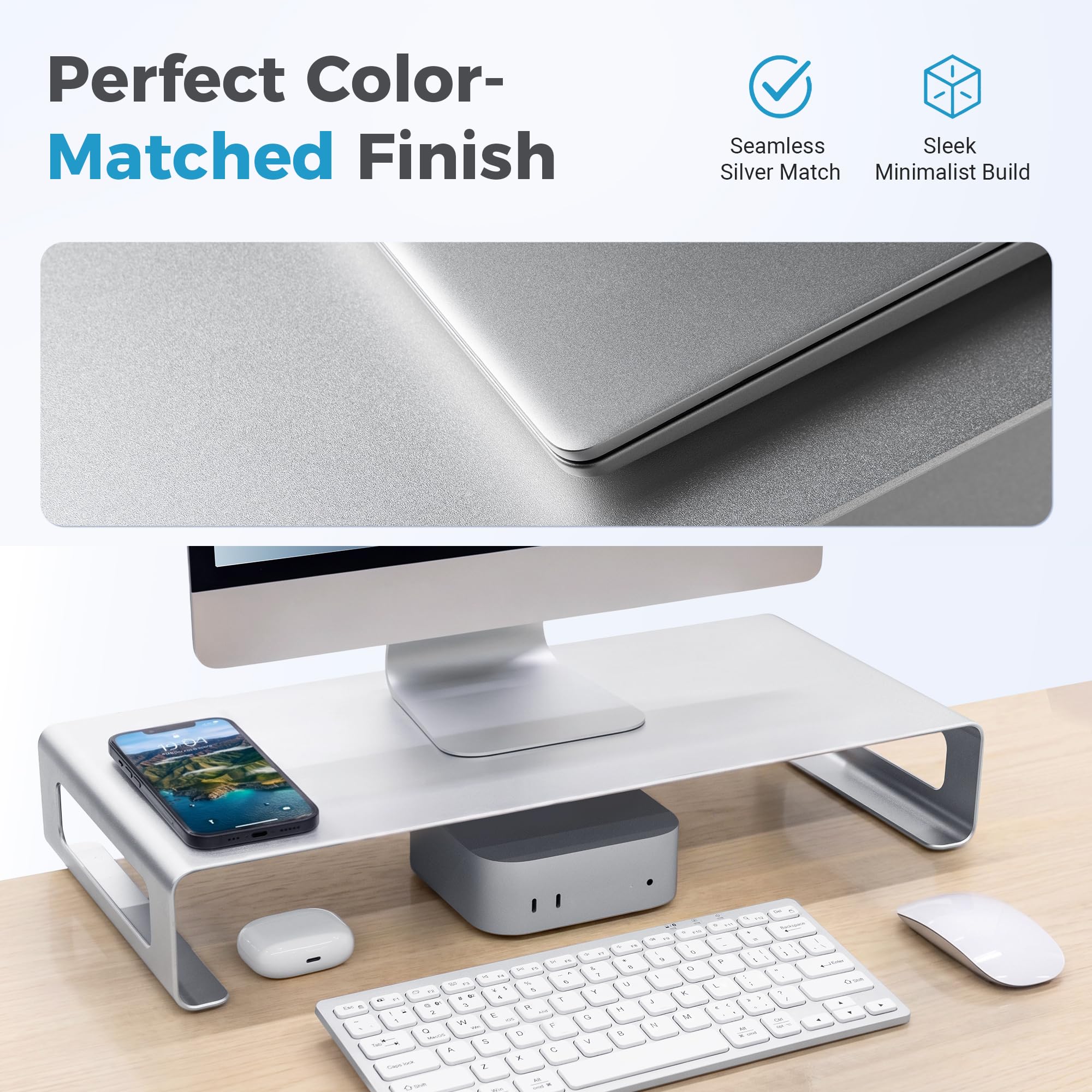 Elevate & Hide Soporte elevador de aluminio para escritorio, soporte plegable para computadora con almacenamiento de regleta de alimentación y gestión de cables, organizador de estante de escritorio