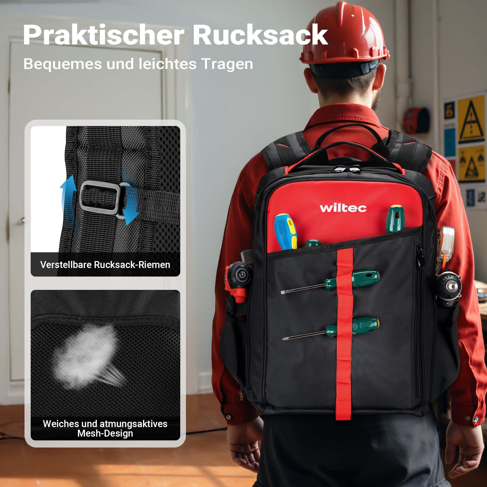 Wiltec gereedschapstas met 9 vakken en tot 20 kg, transporttas voor gereedschappen 30 x 23 x 25 cm, werktas met schouderriem, tas voor tools met riem en waterbestendig