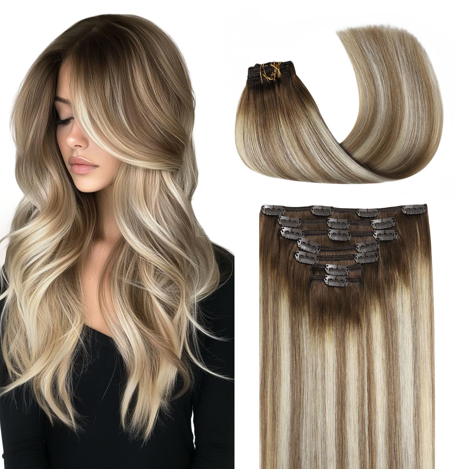 COOKAYU Clip in Hair Extensions Real Human Hair, 16inch 120g 7Pcs 3/8/22 Walnut Brown to Ash Brown and Blonde Hair Extensions Clip in Human Hair Thick