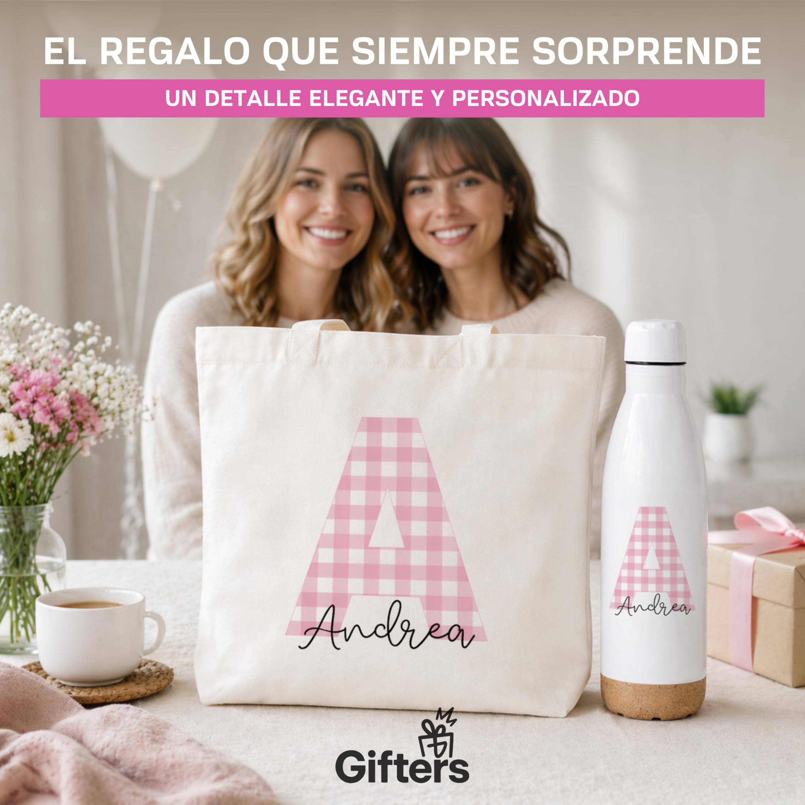 Gifters | Pack Bolsa y Botella Personalizadas con Inicial y Nombre | Estampado Cuadros Vichy | Tote Bag + Botella Acero Inoxidable 750 ml | Regalo Original Mujer, Amiga, Madre, Navidad, Cumpleaños