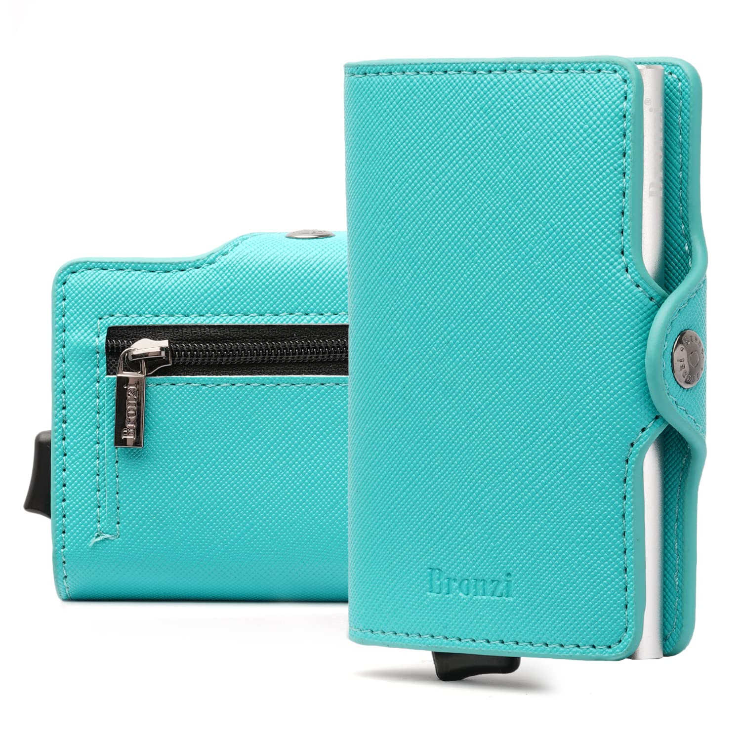 Bronzi Portafoglio Porta Carte Credito - Portafoglio Uomo Slim Portacarte uomo - Mini Porta Tessere - Protezione RFID - Design Smart Italiano Saffiano Verde Acqua