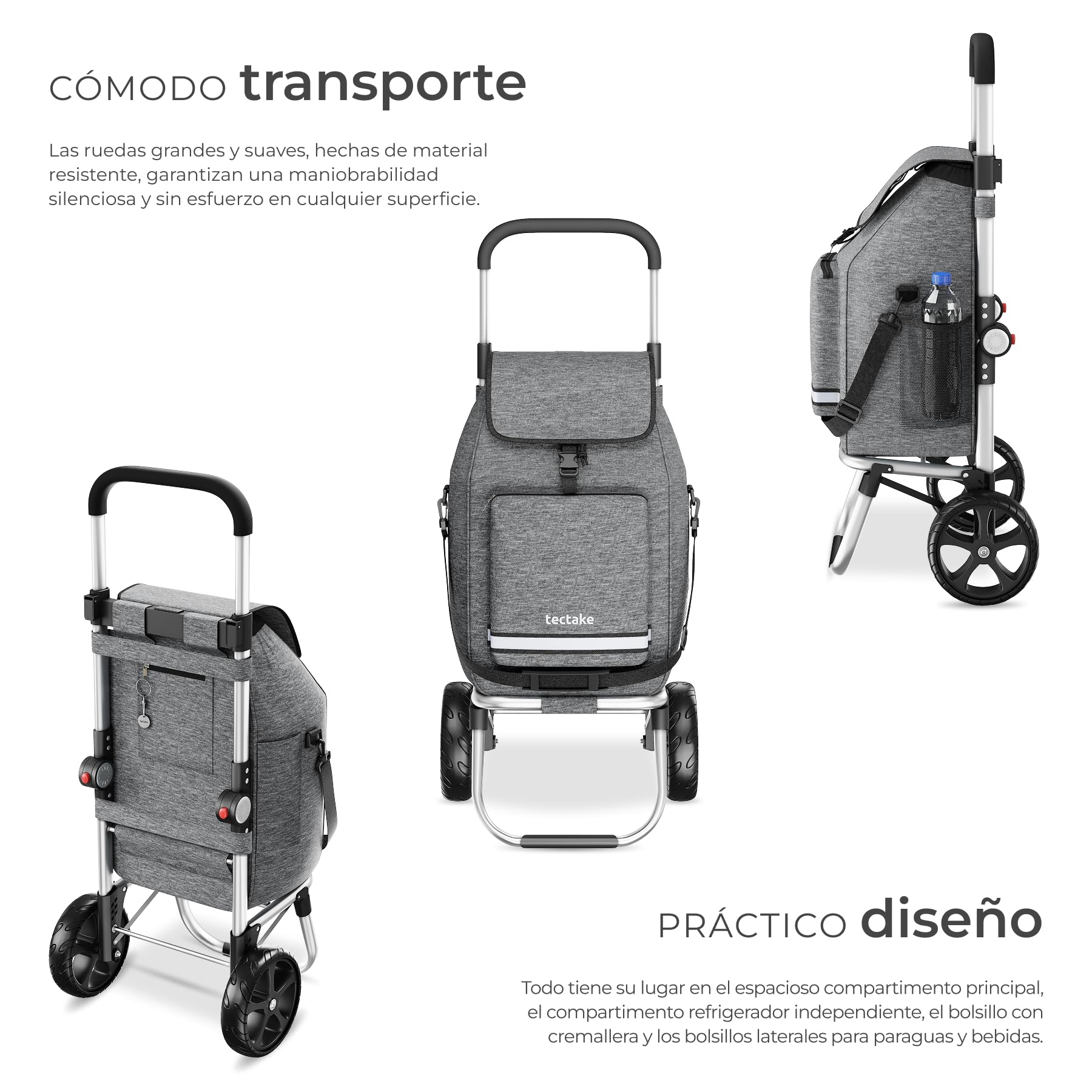 tectake® Carro de la Compra Plegable 3 en 1, Trolley, 56 L, Carrito Compra, Estructura de Aluminio, Bolsa Termica, Supermercado, Carro Plegable con Ruedas Silenciosas - Gris
