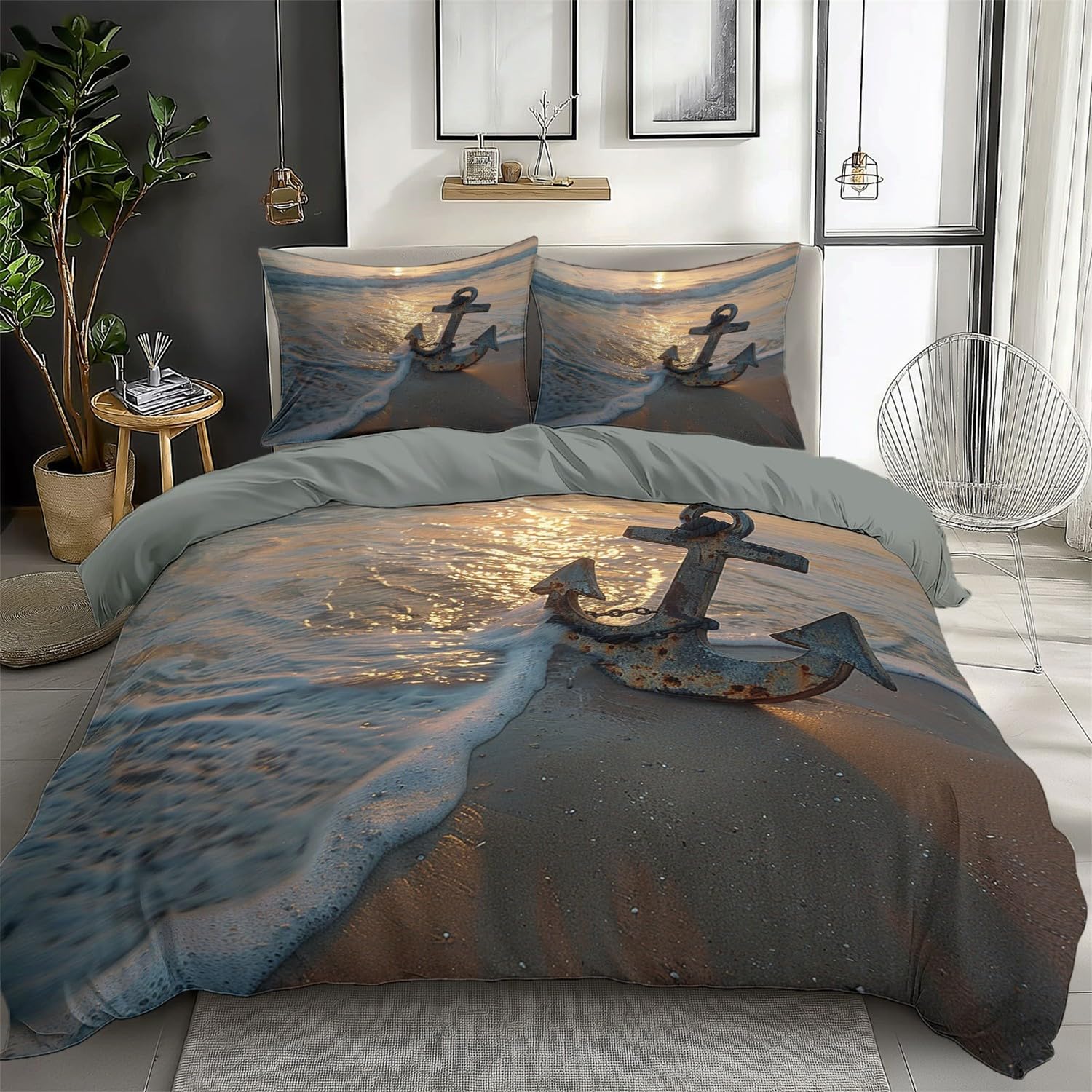 Pościel 240 x 220 cm, poszewka na kołdrę z motywem kotwicy, morza, ÖkoTex, 3-częściowy, super miękka i nie wymaga prasowania, dwustronna pościel z mikrofibry i 2 poszewki na poduszkę 80 x 80
