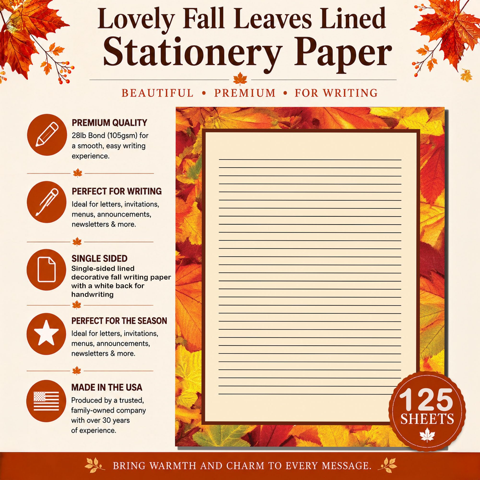 Papier à lettres avec feuilles d'automne – Papier à lettre ligné d'automne – 125 feuilles – 21,6 x 27,9 cm – Papier d'impression décoratif d'automne