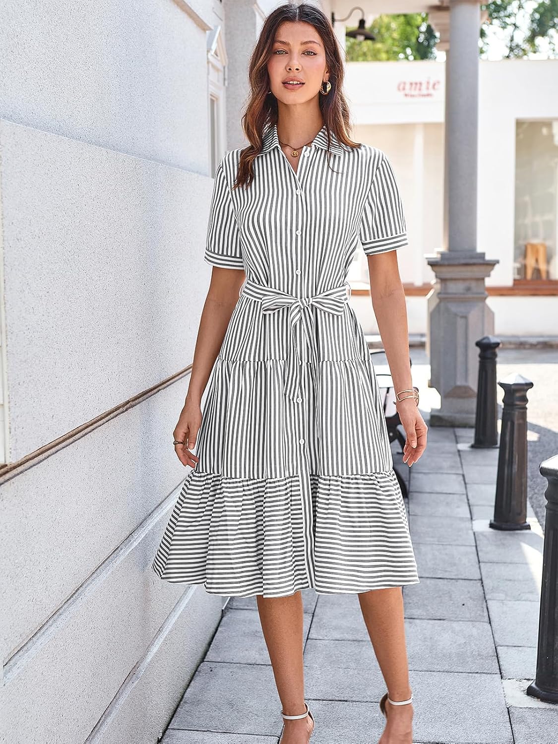 BROVAVE Summer Midi Dress for Women: Striped Button Down Casual Clothing - Collared Flowy Classy Short Sleeve Dresses - Image 2