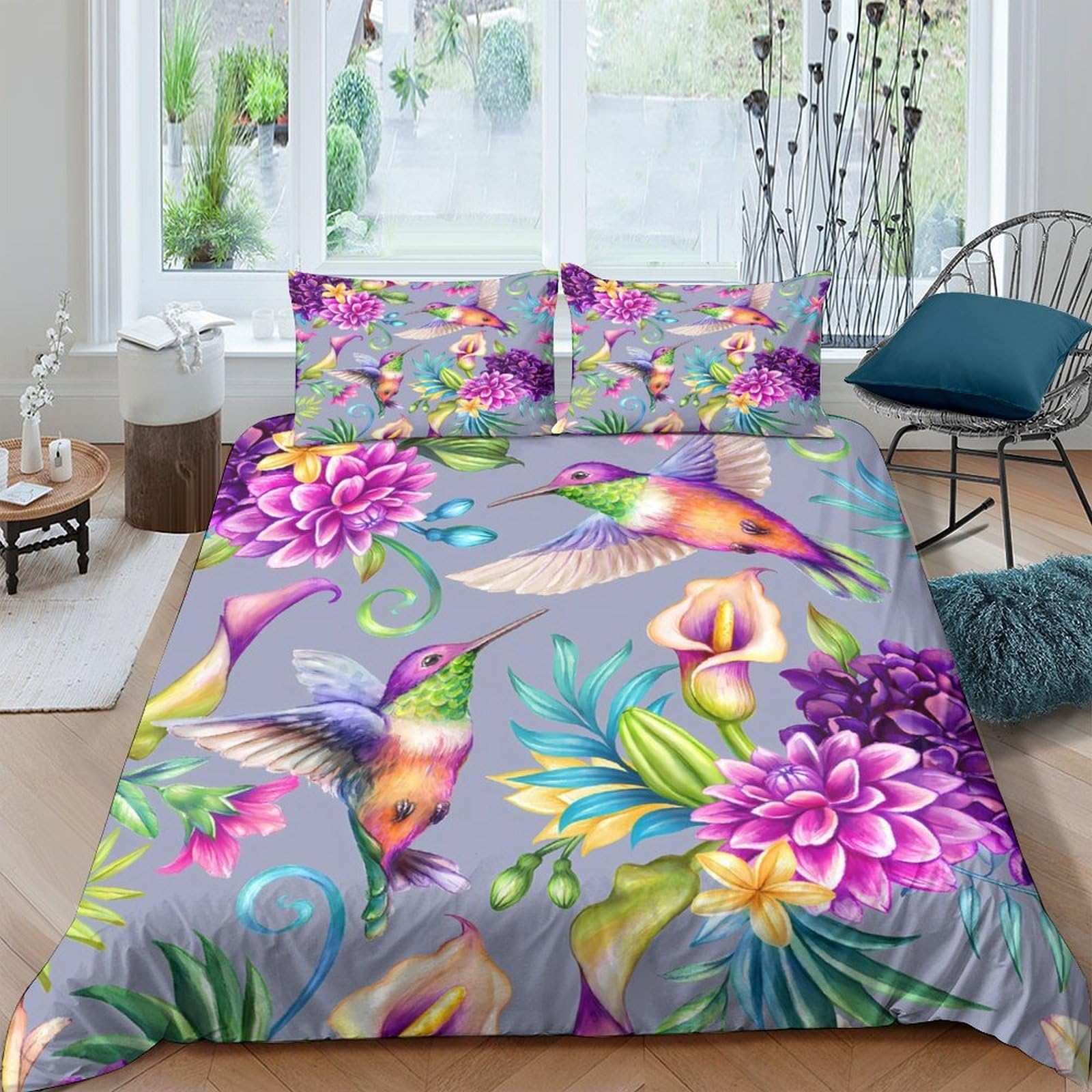 Ctjqhvkz Style-7 3D Printed Hummingbird Floral Fitted Sheet Microfiber Vibrant Tropical Bed Cover Bedroom Decor Anti-Slip Washable Single（135X200cm）
