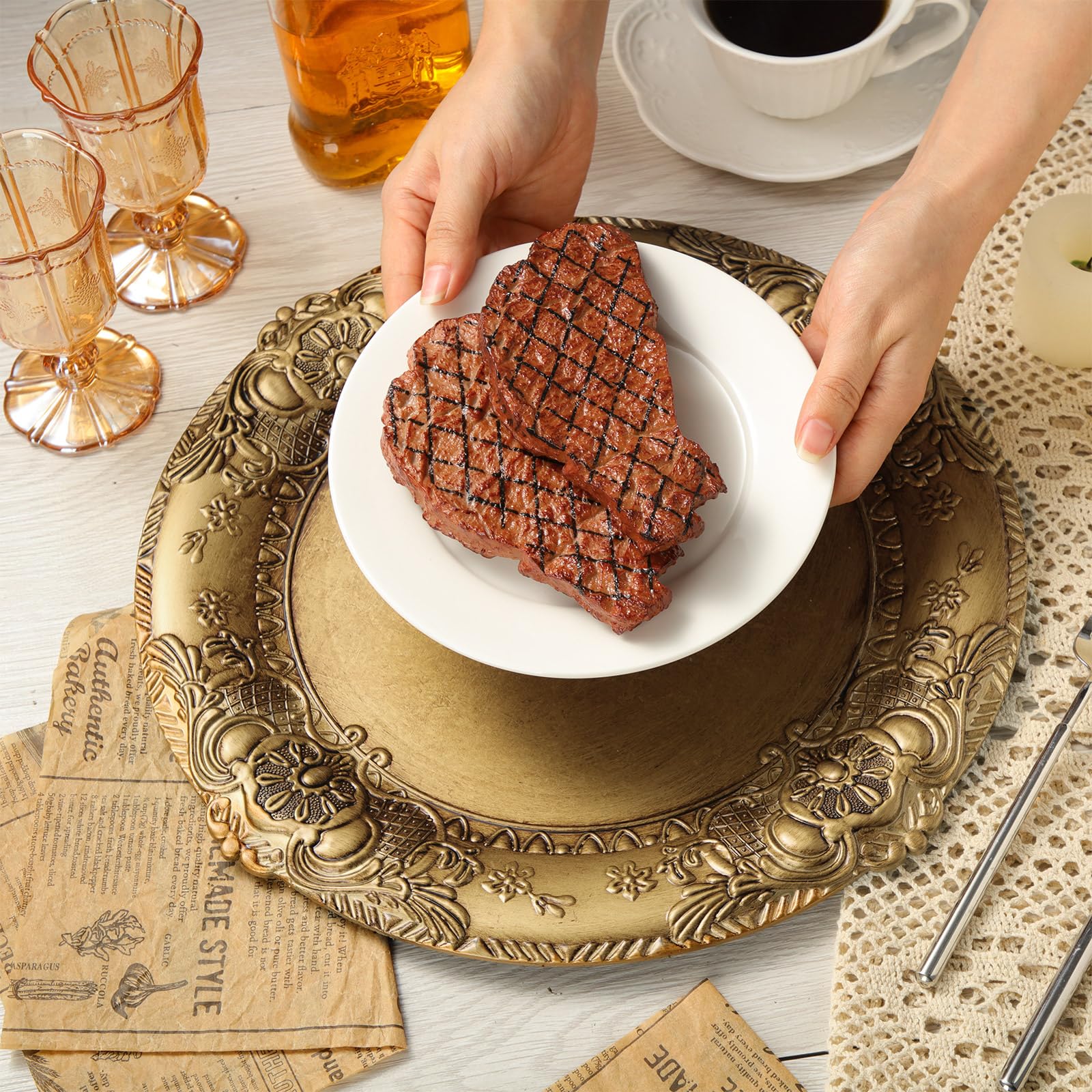 mifoci antique gold charger plates set of 12 plastic gold chargers for dinner plates decorative 13" round plate bulk with embossed rim for dinner, party, wedding(classic)